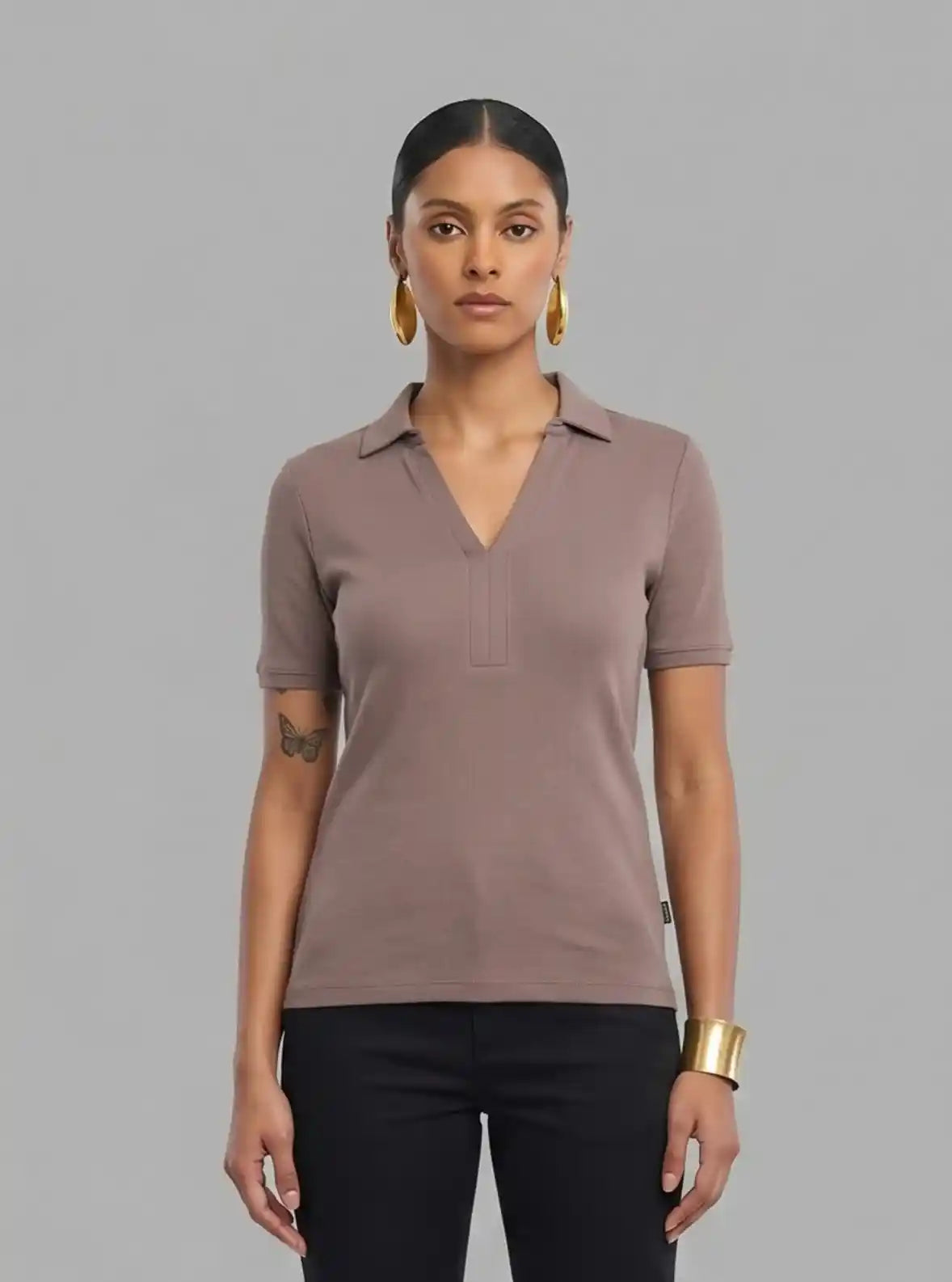 Women’s Brown Polo Collar Cotton Elastane Short Sleeve Top | Boer & Fitch