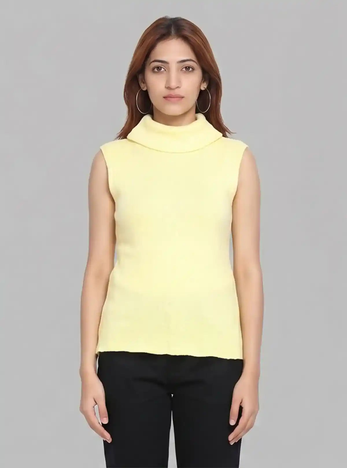 Women’s Yellow Sleeveless Turtle Neck Ribbed Cotton Top