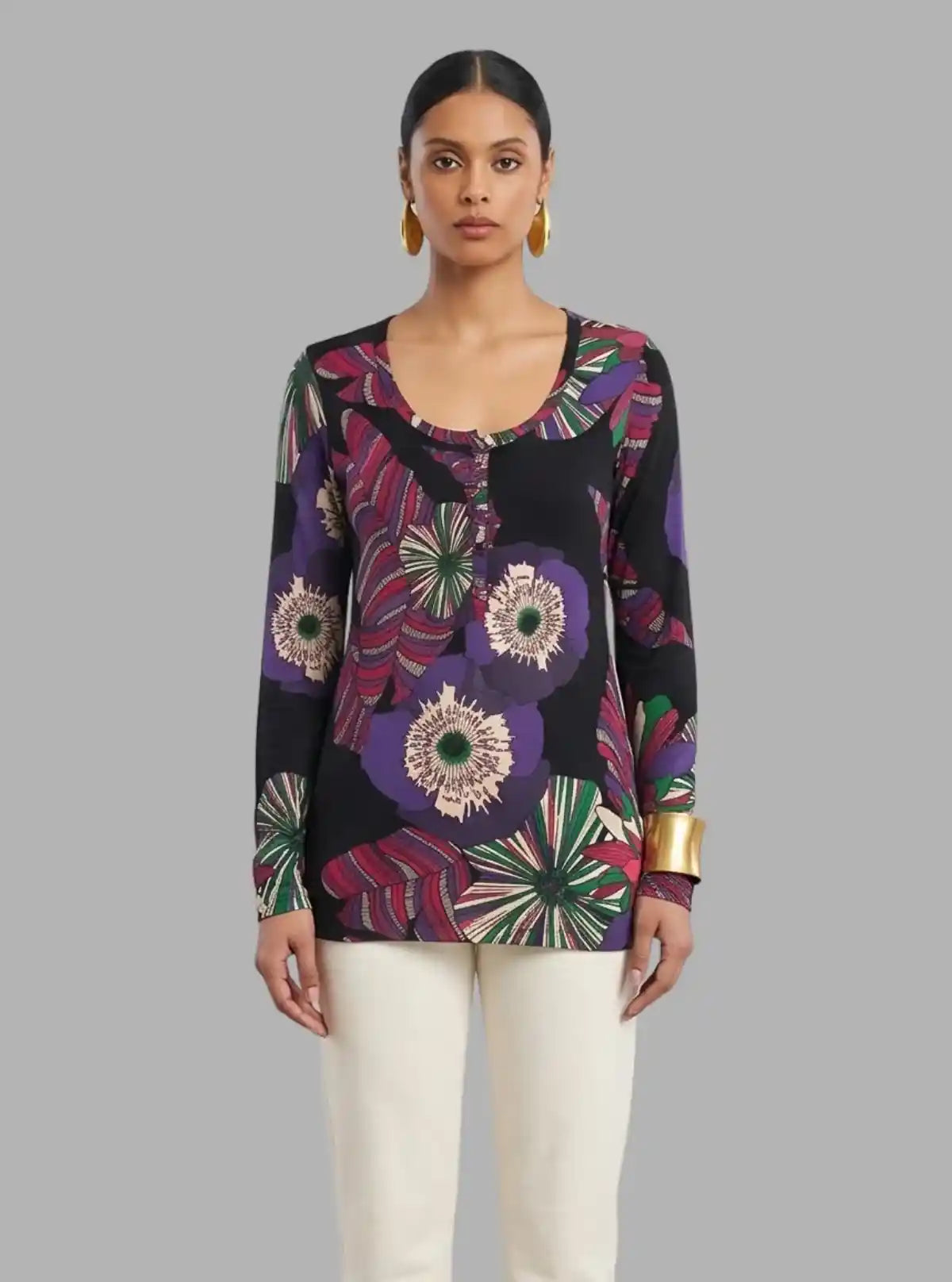 Women's Vintage Groove Floral Print Long Sleeve Cotton Jersey Top