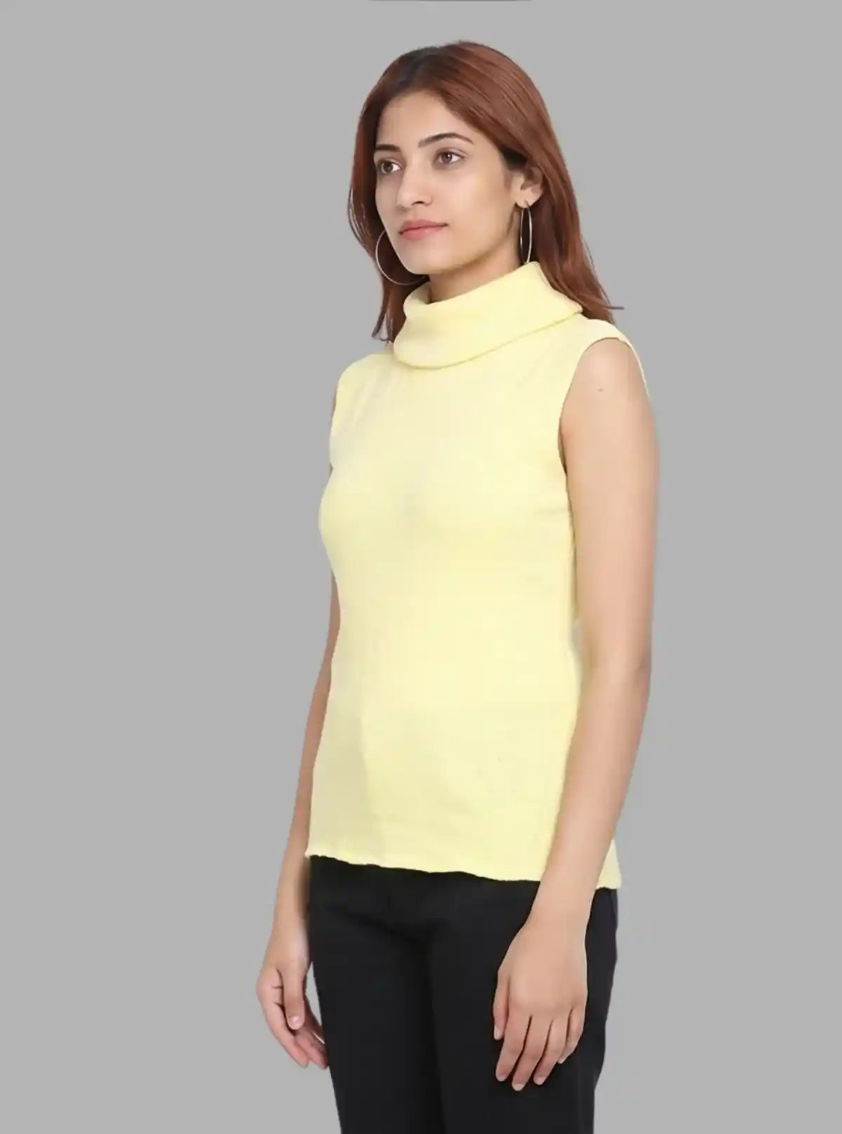 Women’s Yellow Sleeveless Turtle Neck Ribbed Cotton Top