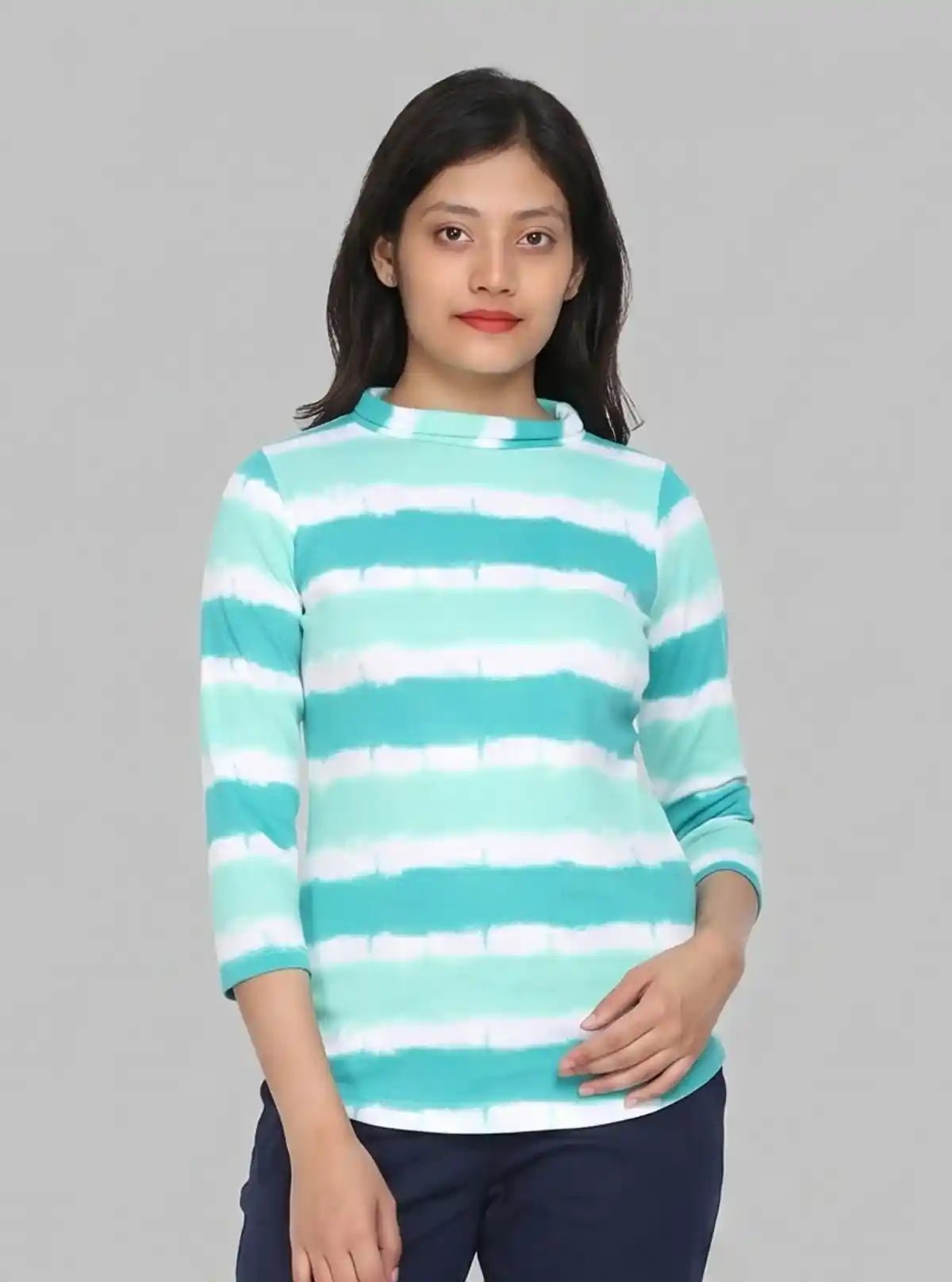 Women's Green Tie-Dye Roll Neck Cotton Knit Long Sleeve Top | Boer & Fitch