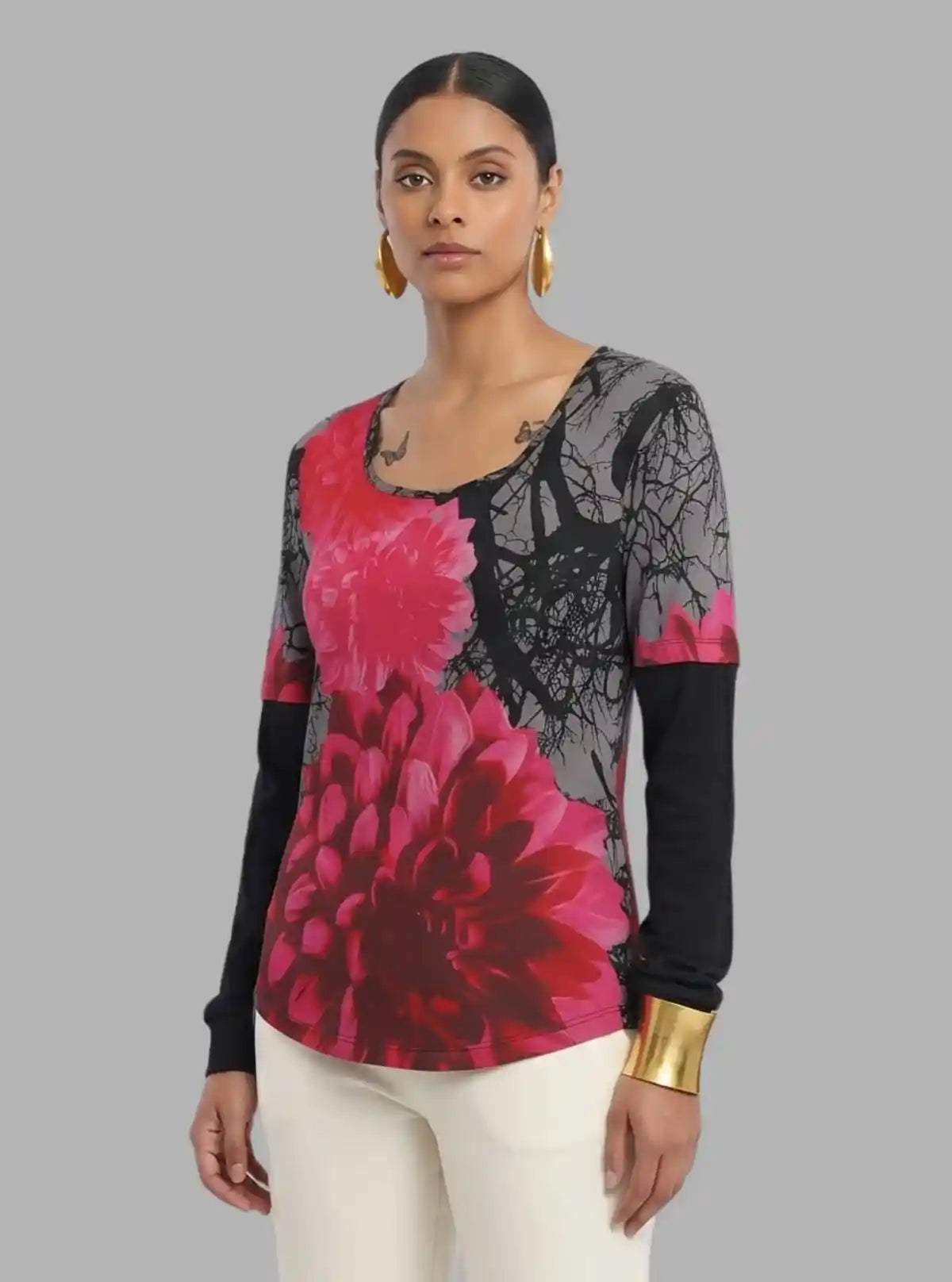 Women's Red Rose Printed Long Sleeve Top in Cotton Blend | Boer & Fitch