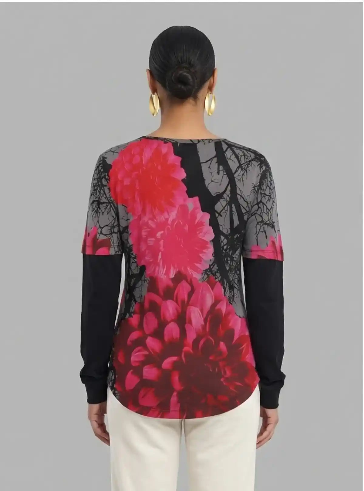 Women's Red Rose Printed Long Sleeve Top in Cotton Blend | Boer & Fitch
