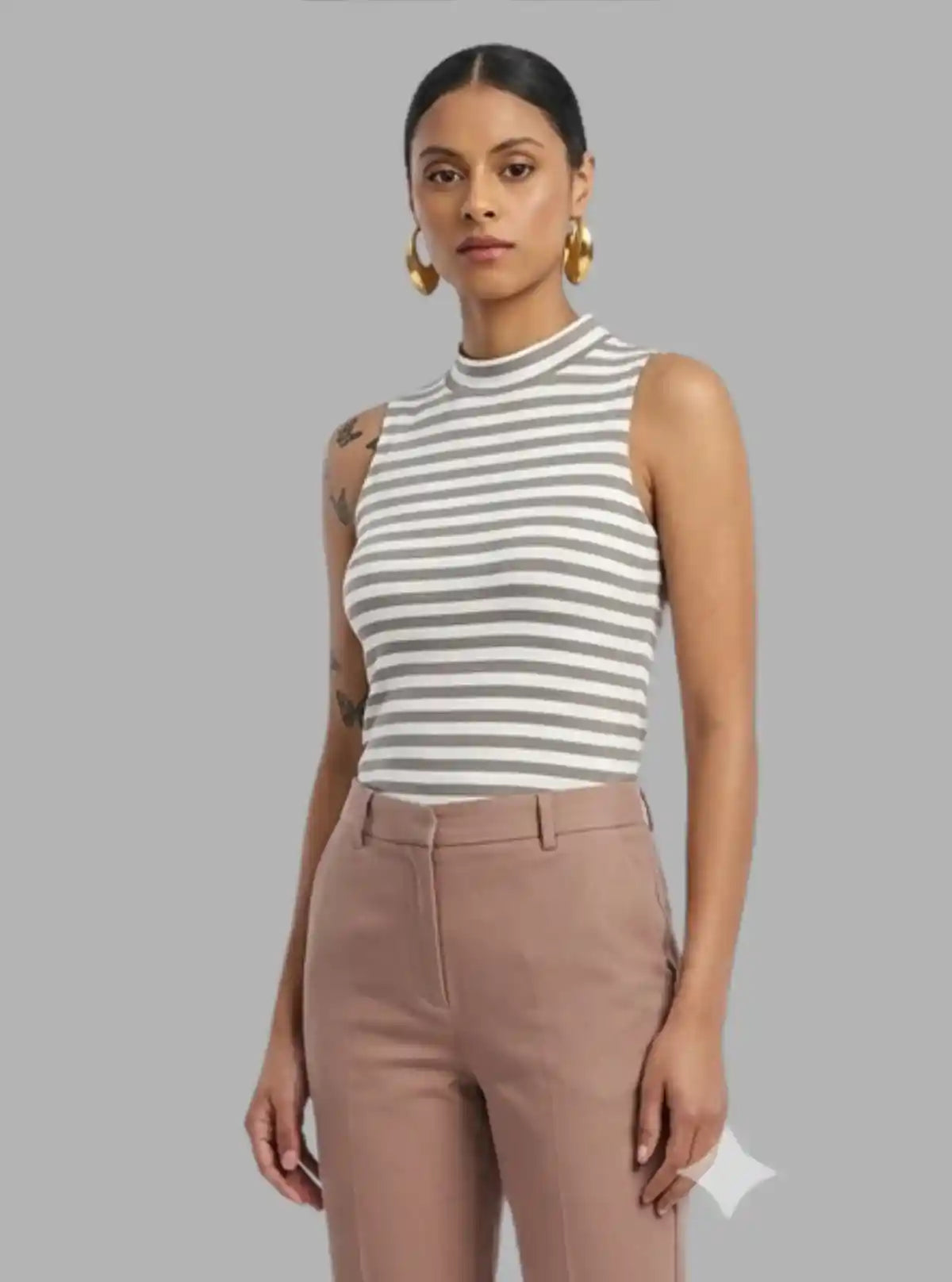 Women’s Grey Striped High Neck Top – Elegant Cotton Blend by Boer and Fitch