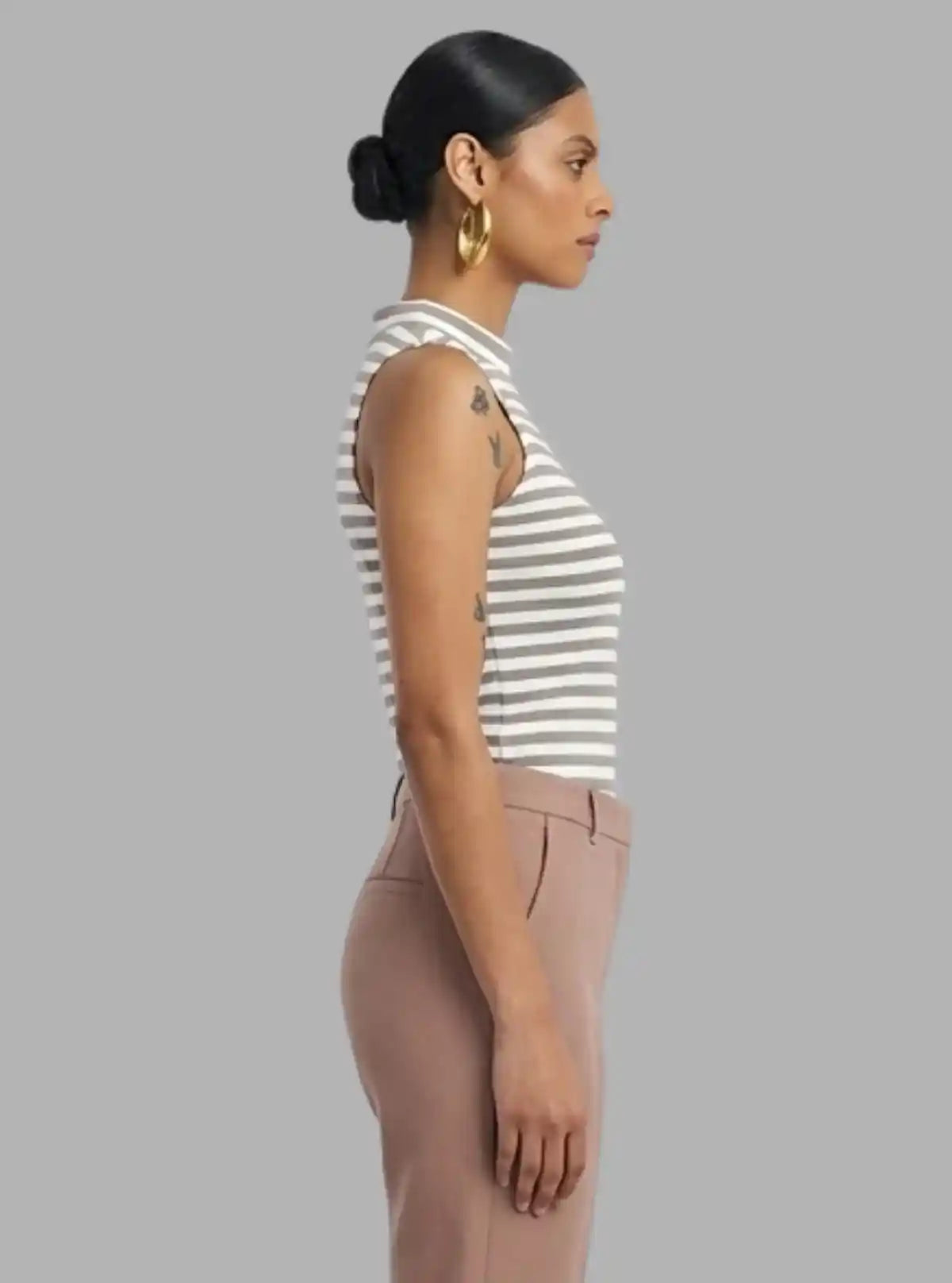 Women’s Grey Striped High Neck Top – Elegant Cotton Blend by Boer and Fitch
