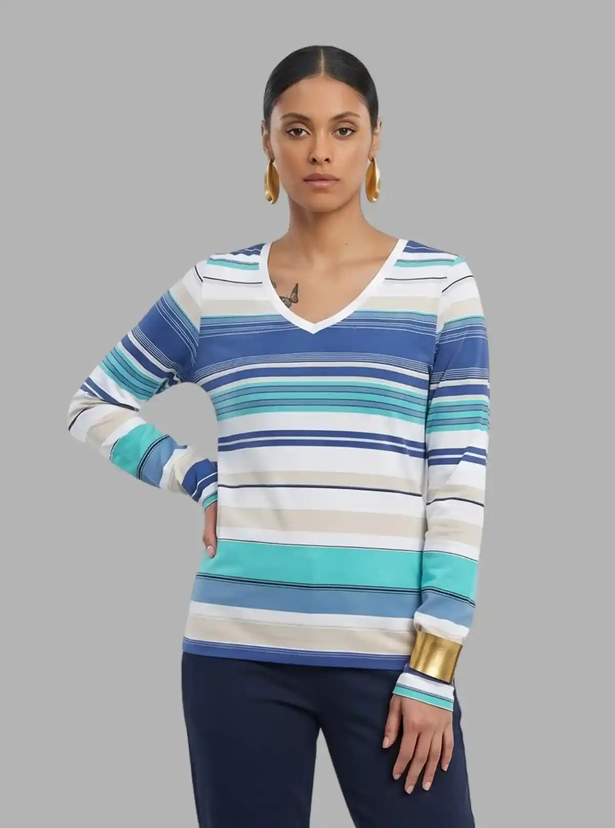 Women's White and Blue Striped Cotton Jersey Long Sleeve Top
