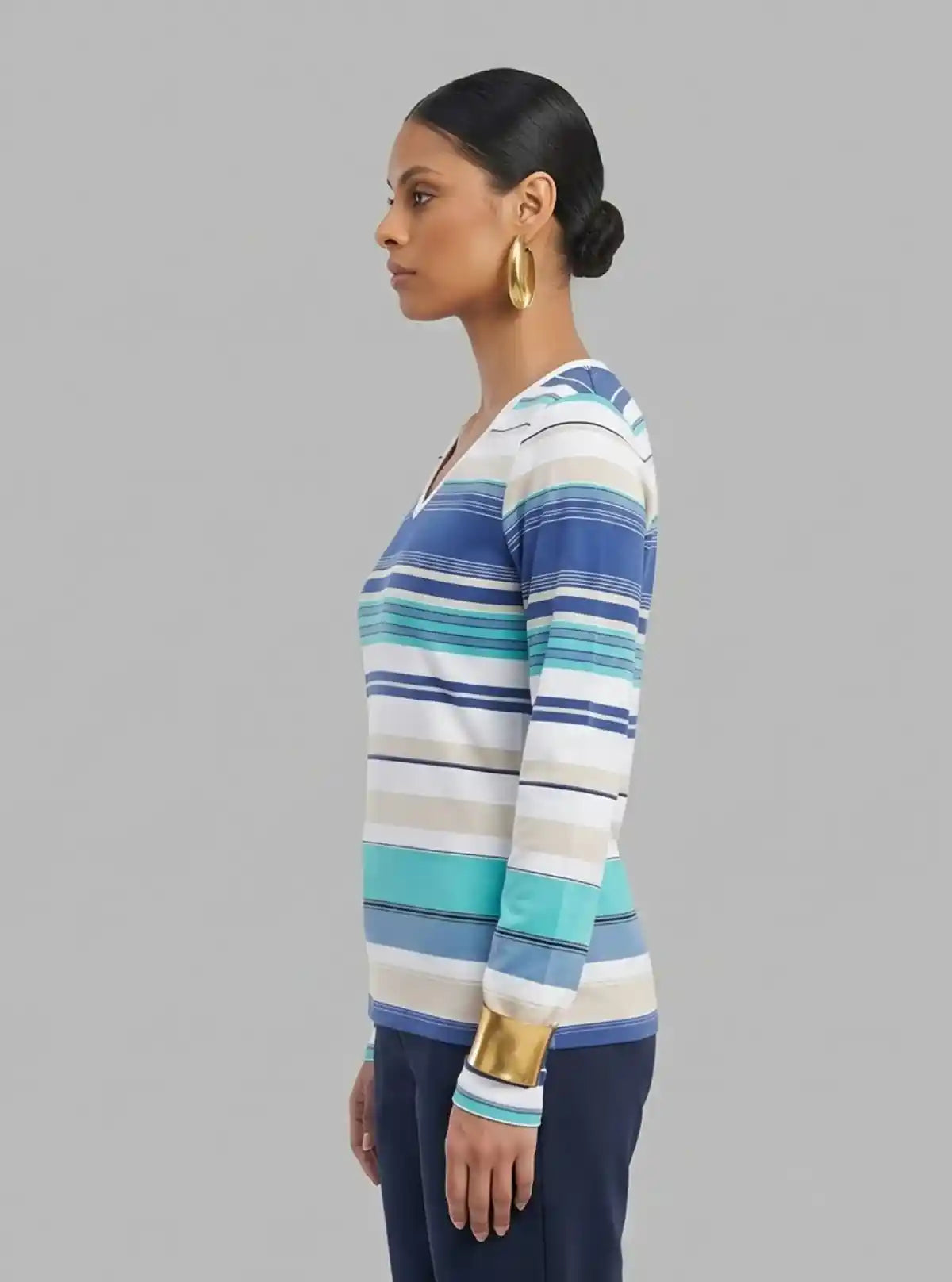 Women's White and Blue Striped Cotton Jersey Long Sleeve Top