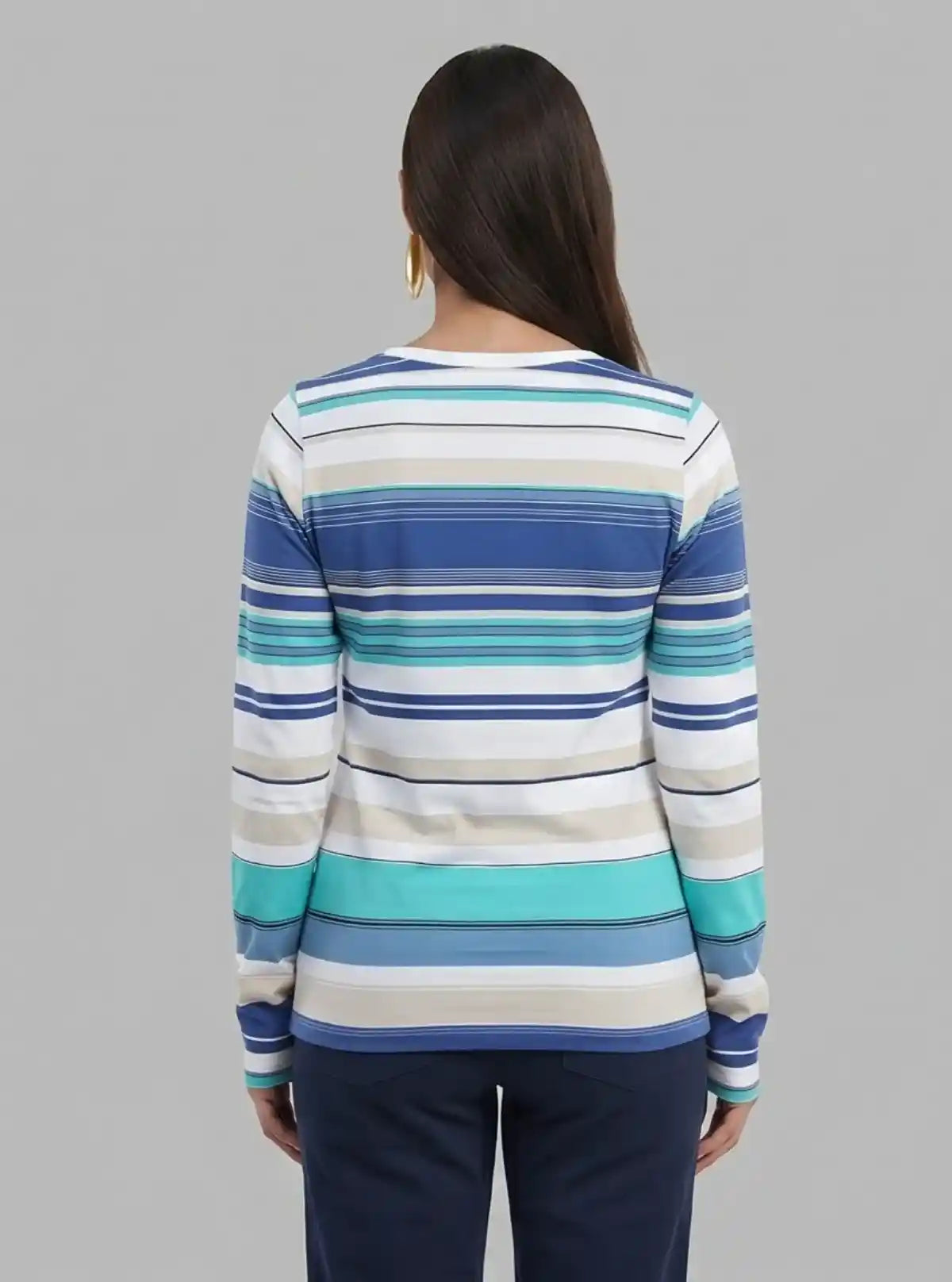 Women's White and Blue Striped Cotton Jersey Long Sleeve Top