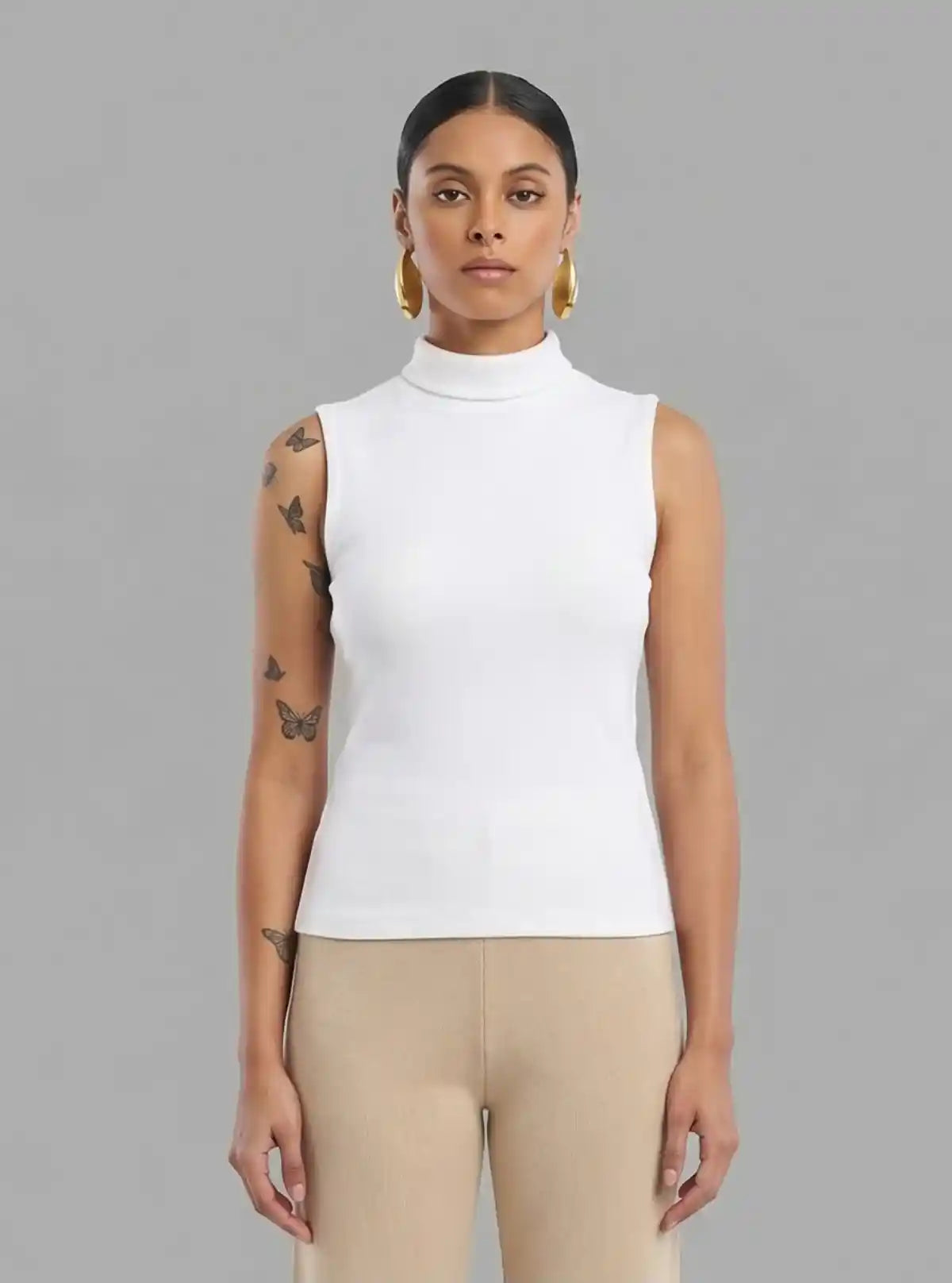 Women’s White Sleeveless Cotton Ribbed Turtle Neck Top
