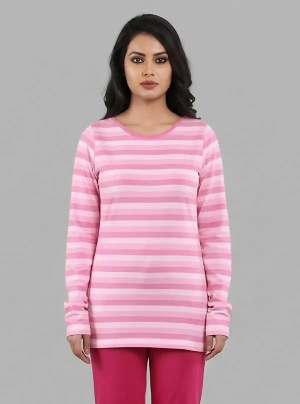 Women's Pink Striped Cotton Jersey Long Sleeve Top | Boer & Fitch