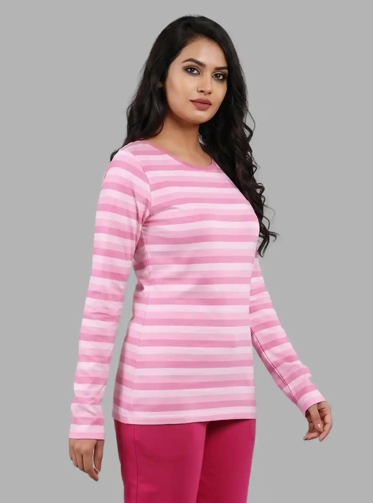 Women's Pink Striped Cotton Jersey Long Sleeve Top | Boer & Fitch