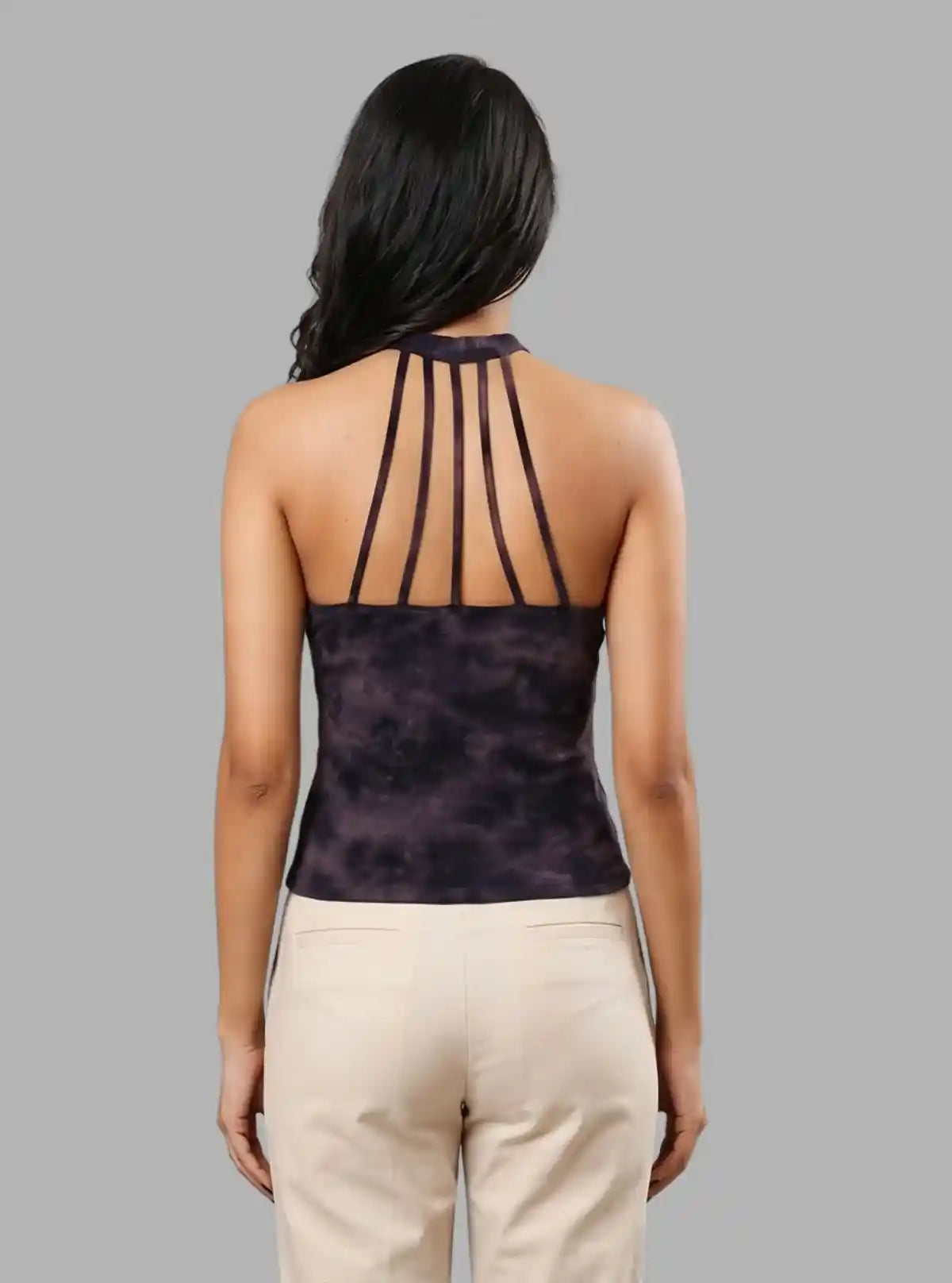 Women's Brown Tie and Dye Racer Neck Crop Top in Cotton Durby Knit