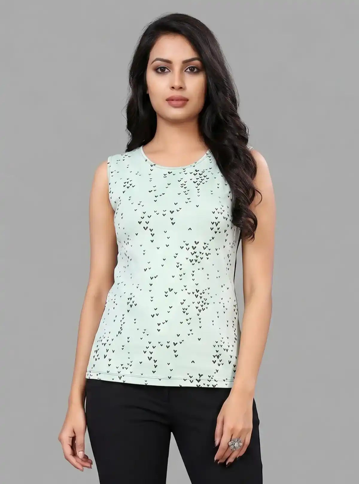 Women’s Light Green Heart Printed Top – Stylish Cotton Blend by Boer and Fitch