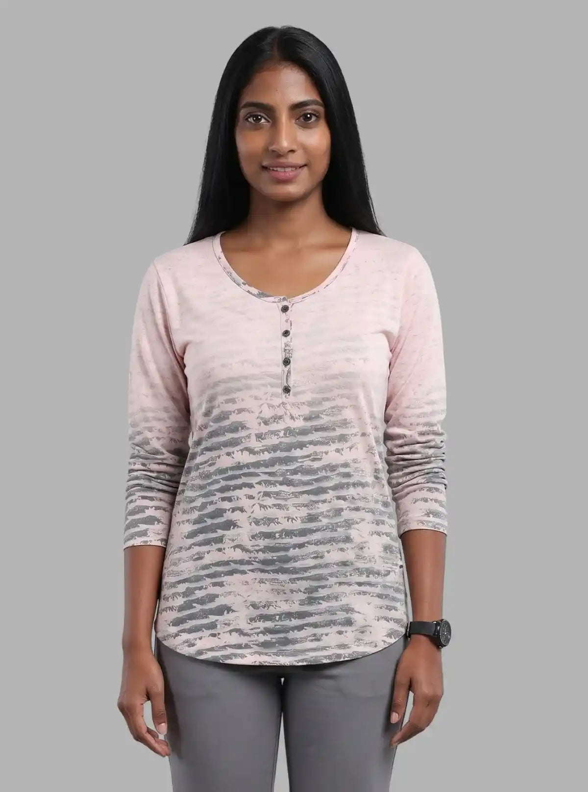 Women's Pink Printed Button-Front Long Sleeve Cotton Blend Knit Top