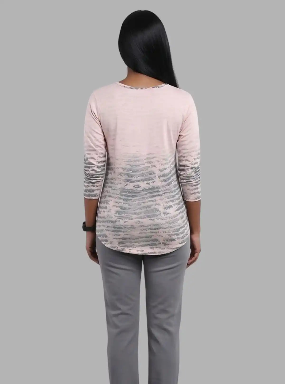 Women's Pink Printed Button-Front Long Sleeve Cotton Blend Knit Top