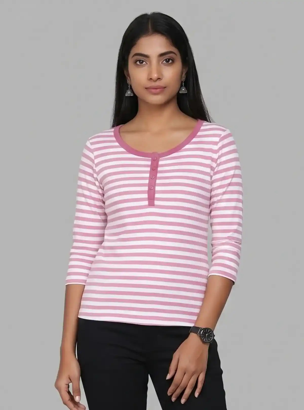 Women's Fuchsia Striped Scoop Neck Top with Front Button | Boer & Fitch