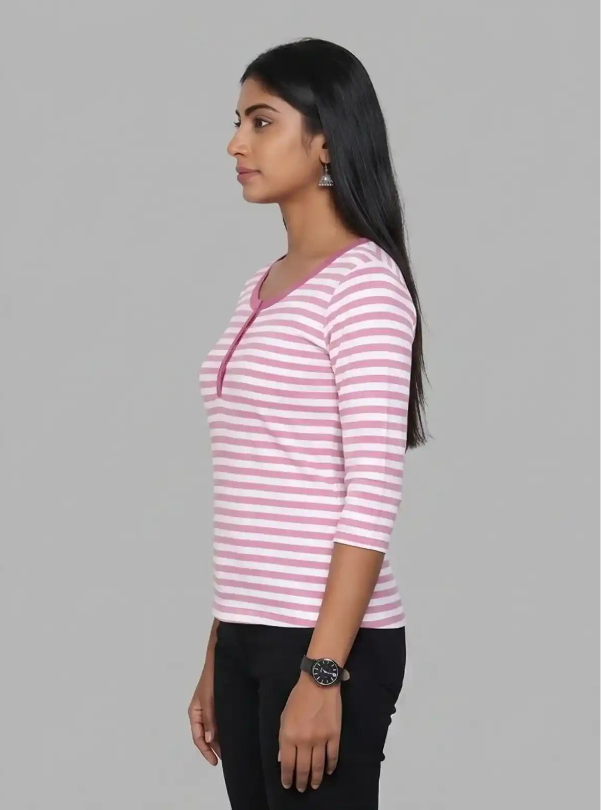 Women's Fuchsia Striped Scoop Neck Top with Front Button | Boer & Fitch