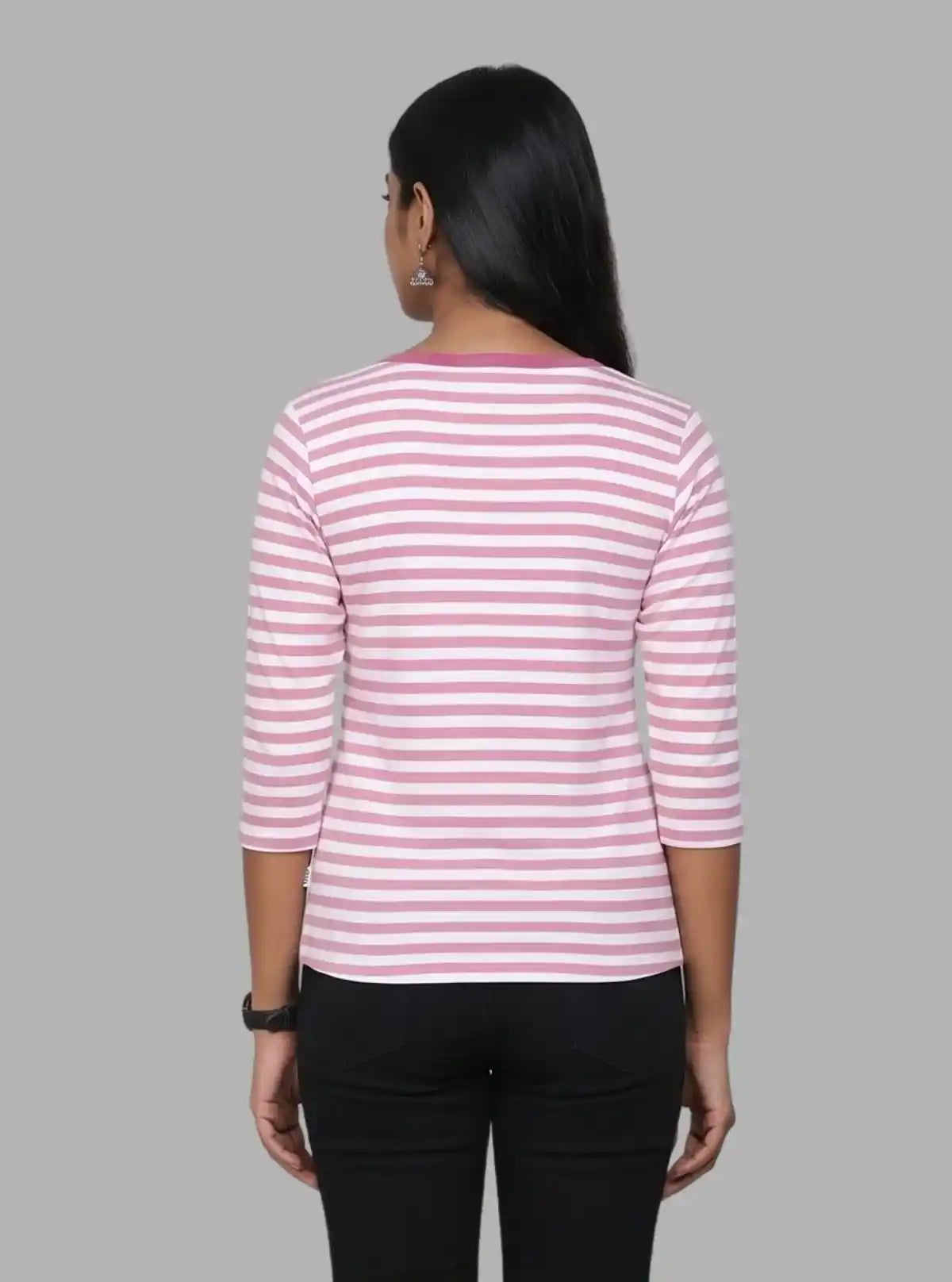 Women's Fuchsia Striped Scoop Neck Top with Front Button | Boer & Fitch