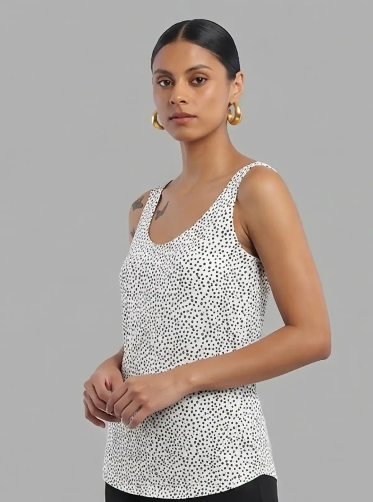 Women’s White Artistic Printed Sleeveless Top – Stylish Cotton Jersey by Boer and Fitch