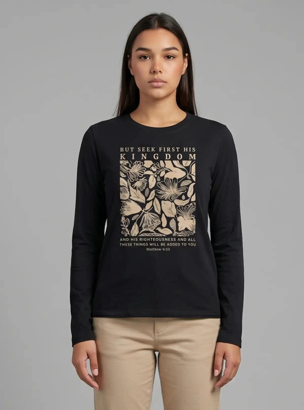 Women's Black Crew Neck Graphic Print Cotton Jersey Long Sleeve T-Shirt by Boer and Fitch