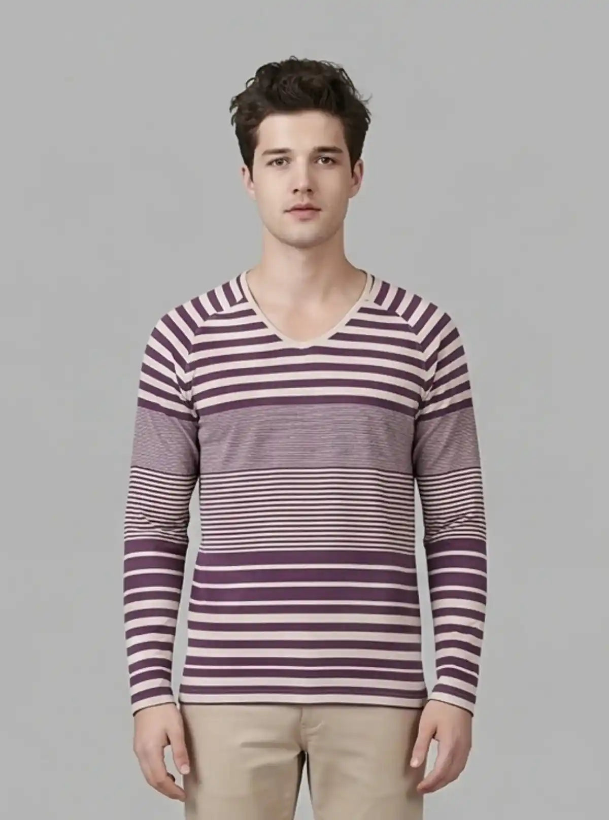 Men’s Indigo Striped V-Neck Full Sleeve T-Shirt – Classic Meets Cool