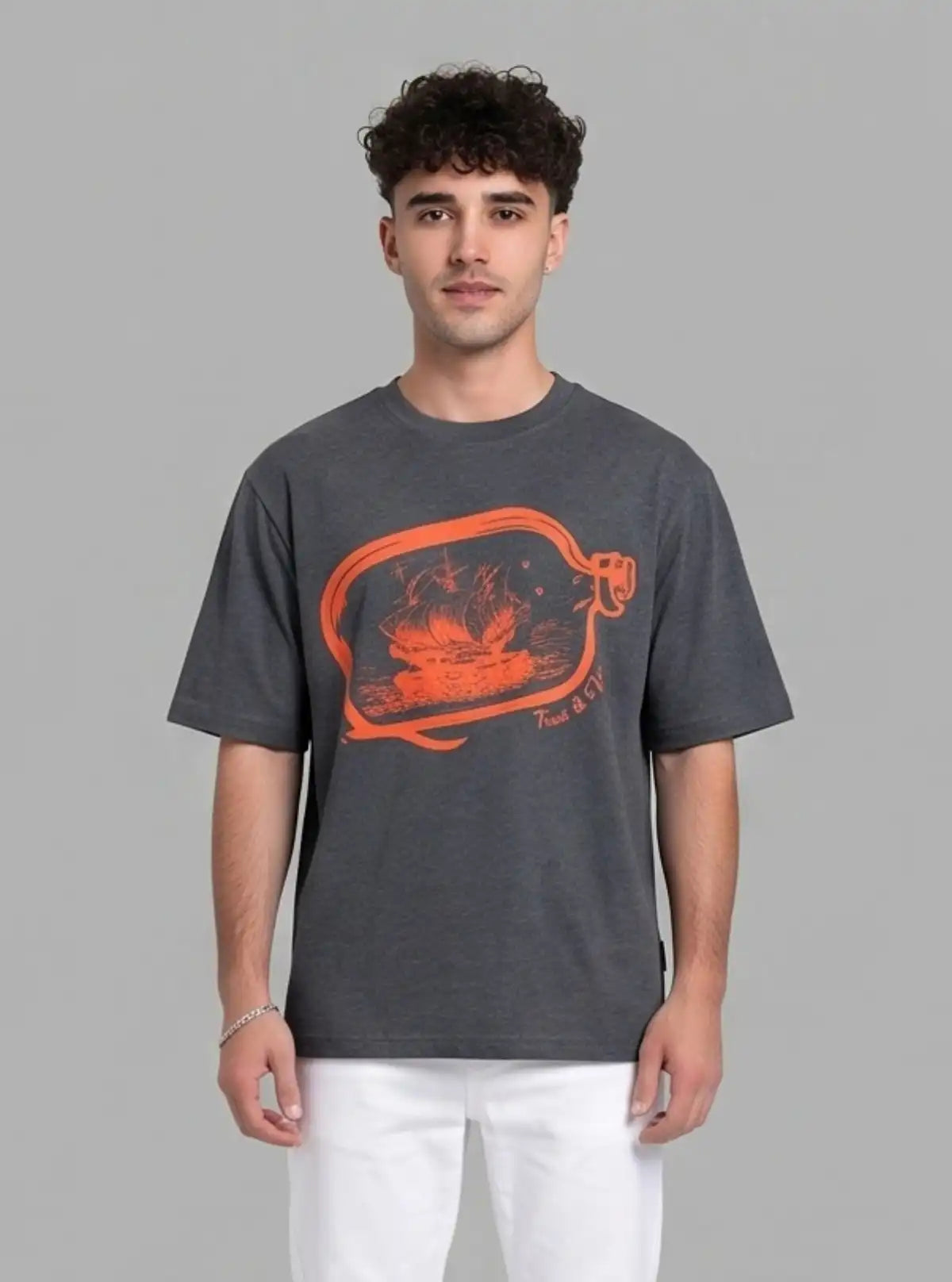 Men’s Charcoal Melange Bottle Print T-Shirt – Trendy & Comfortable | Boer & Fitch