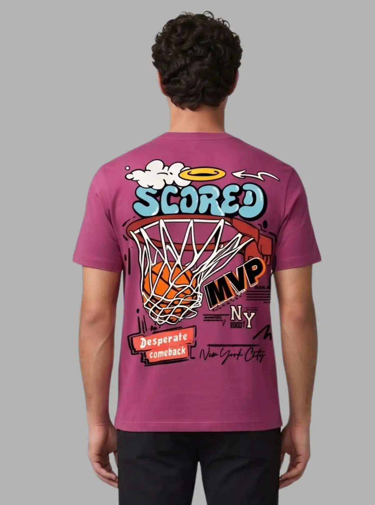 Boer and Fitch Basketball Printed Raspberry Crew Neck Cotton T-Shirt for Men