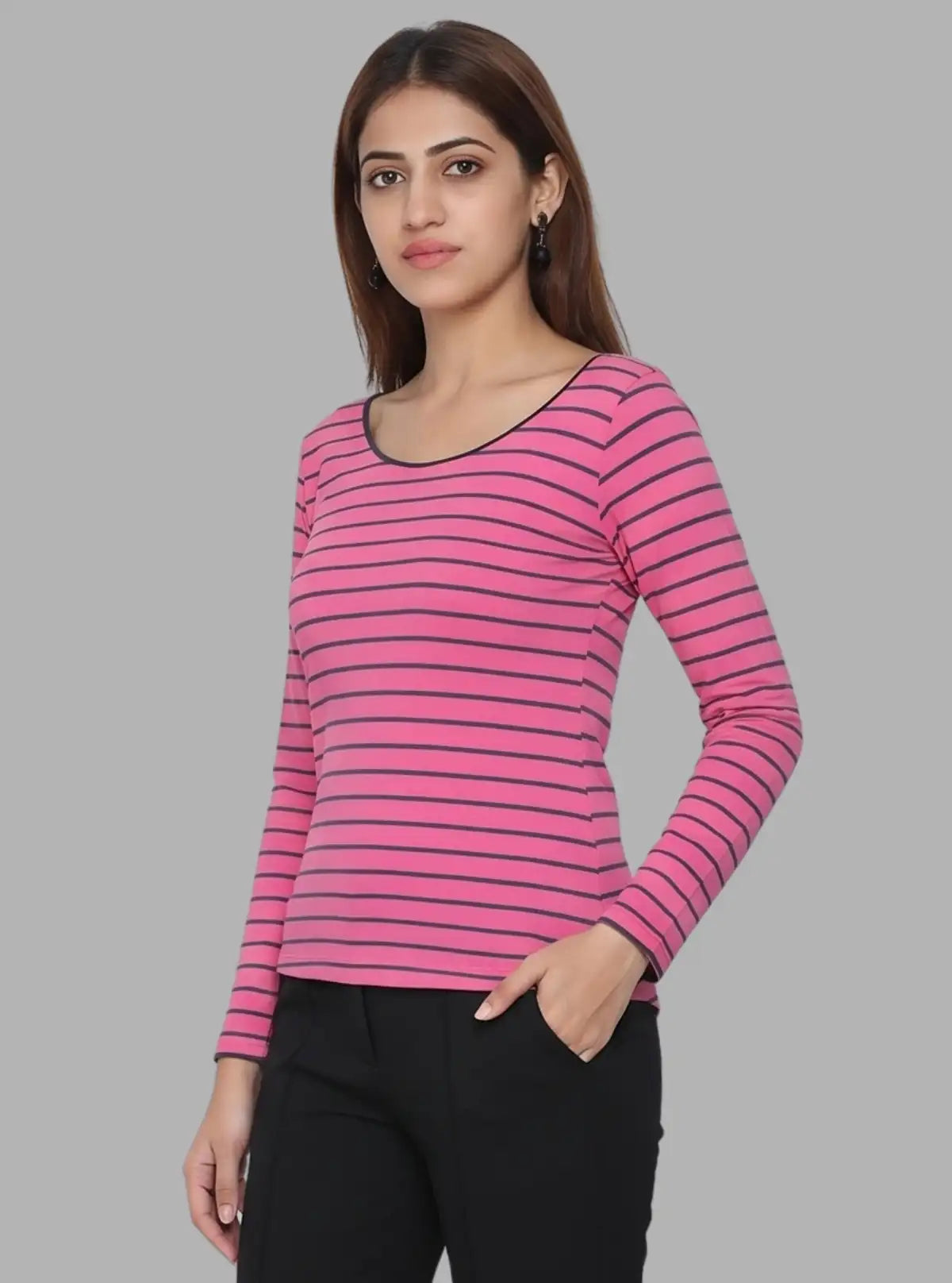 Women’s Fuchsia Striped Printed Long Sleeve Cotton Knit Top | Boer & Fitch
