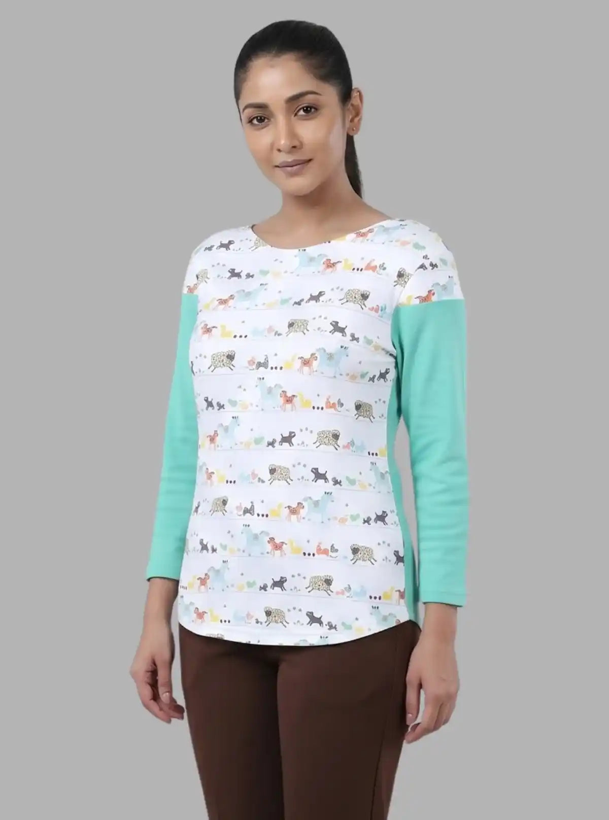 Women’s Turquoise Animal Print Long Sleeve Scoop Neck Top – Cotton Rib Knit