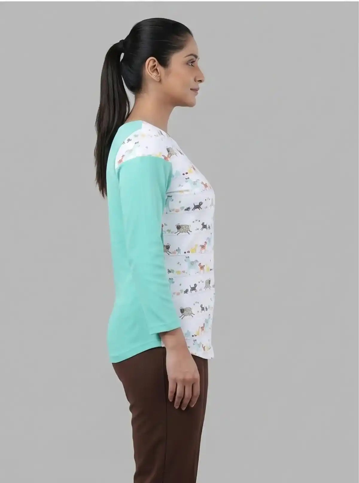 Women’s Turquoise Animal Print Long Sleeve Scoop Neck Top – Cotton Rib Knit