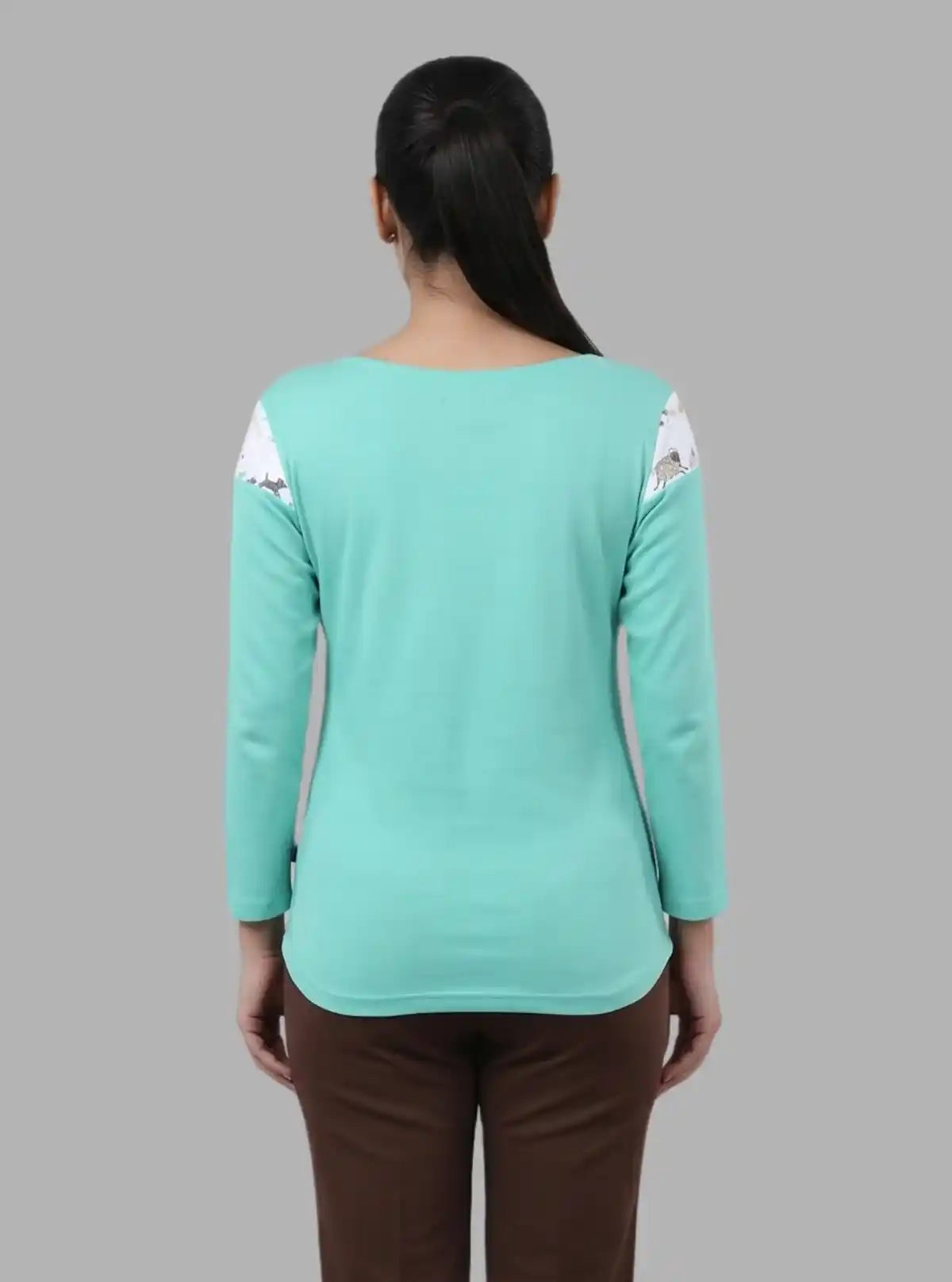 Women’s Turquoise Animal Print Long Sleeve Scoop Neck Top – Cotton Rib Knit