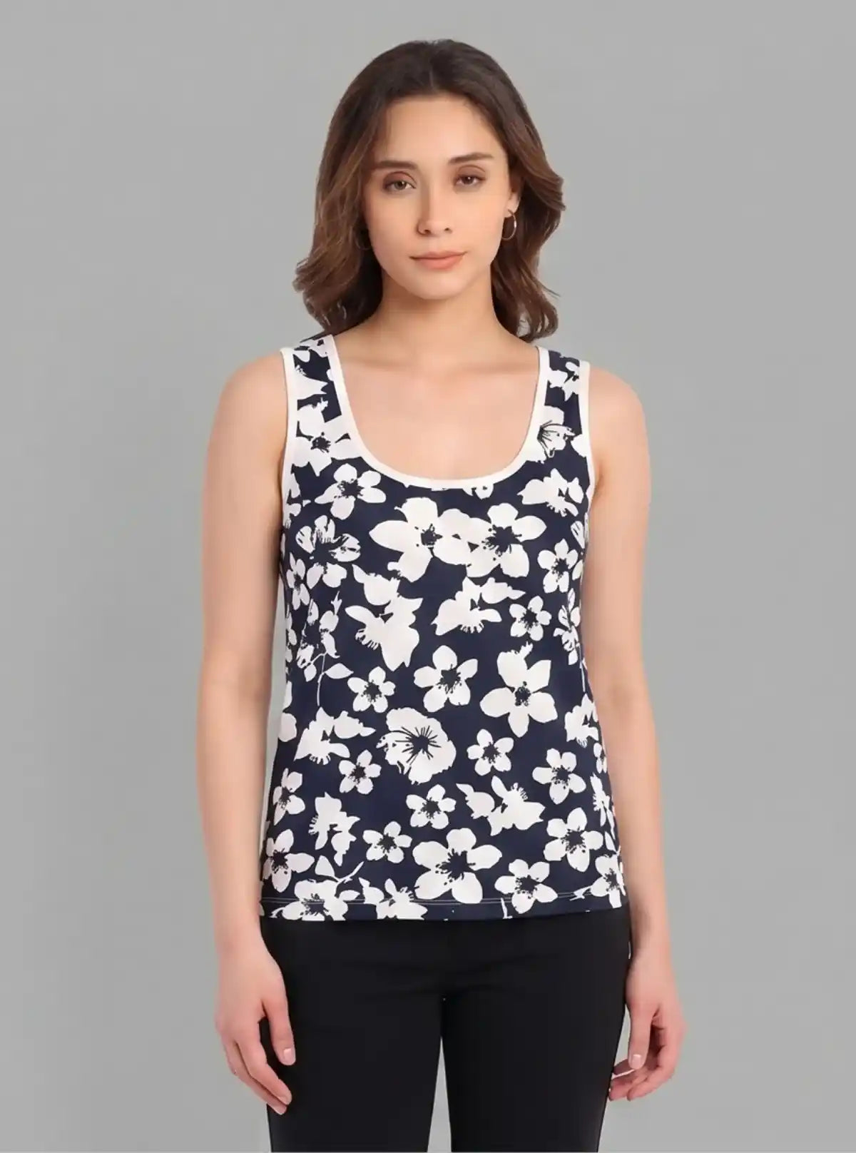 Women’s Navy Floral Sleeveless Top – Elegant Cotton Jersey by Boer and Fitch