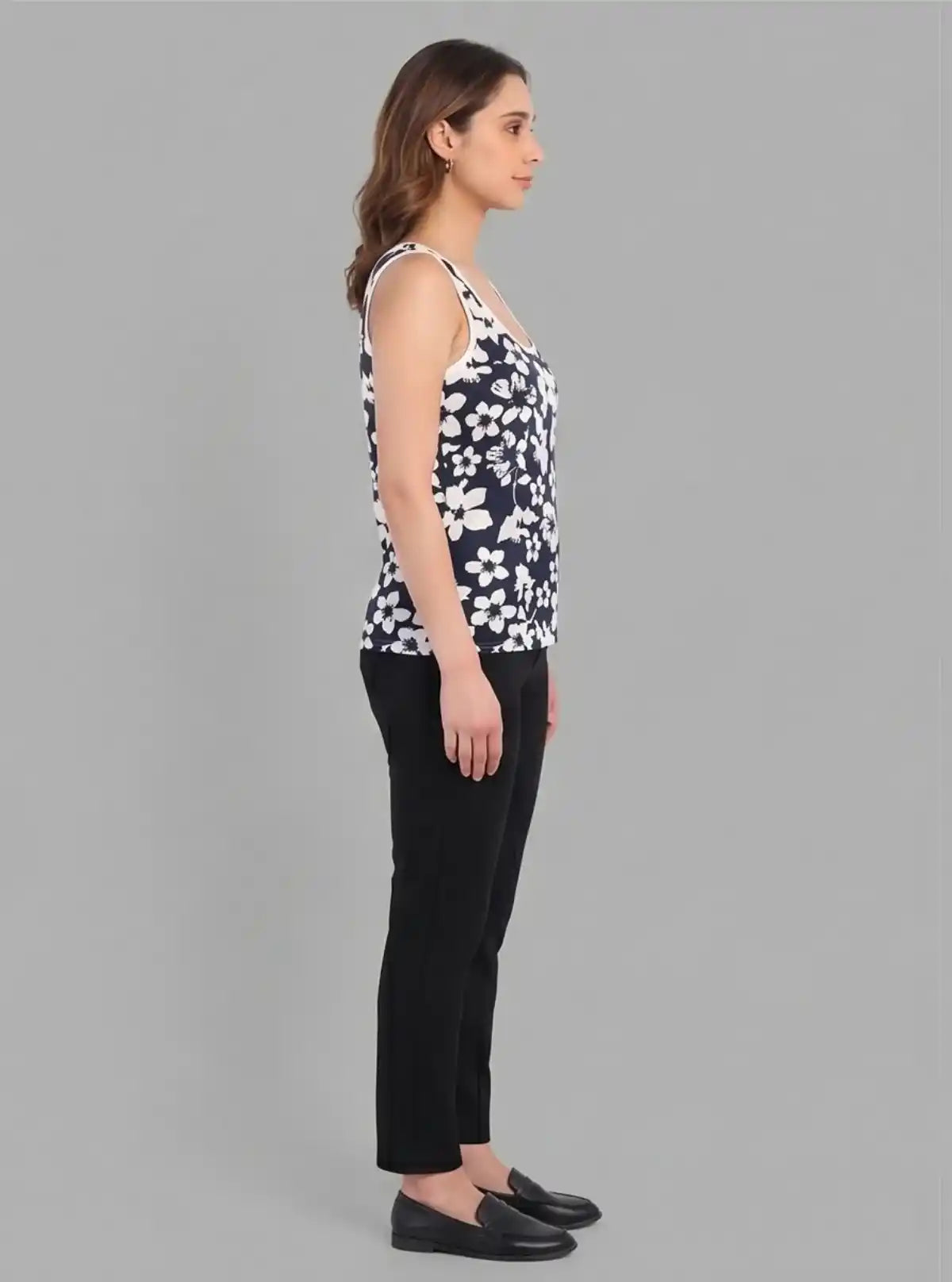 Women’s Navy Floral Sleeveless Top – Elegant Cotton Jersey by Boer and Fitch
