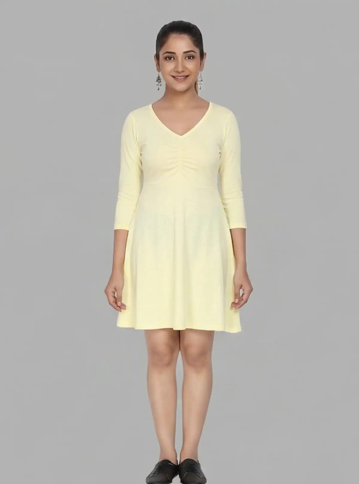 Women's Pastel Yellow Solid Cotton Dress in Feather Touch Fabric