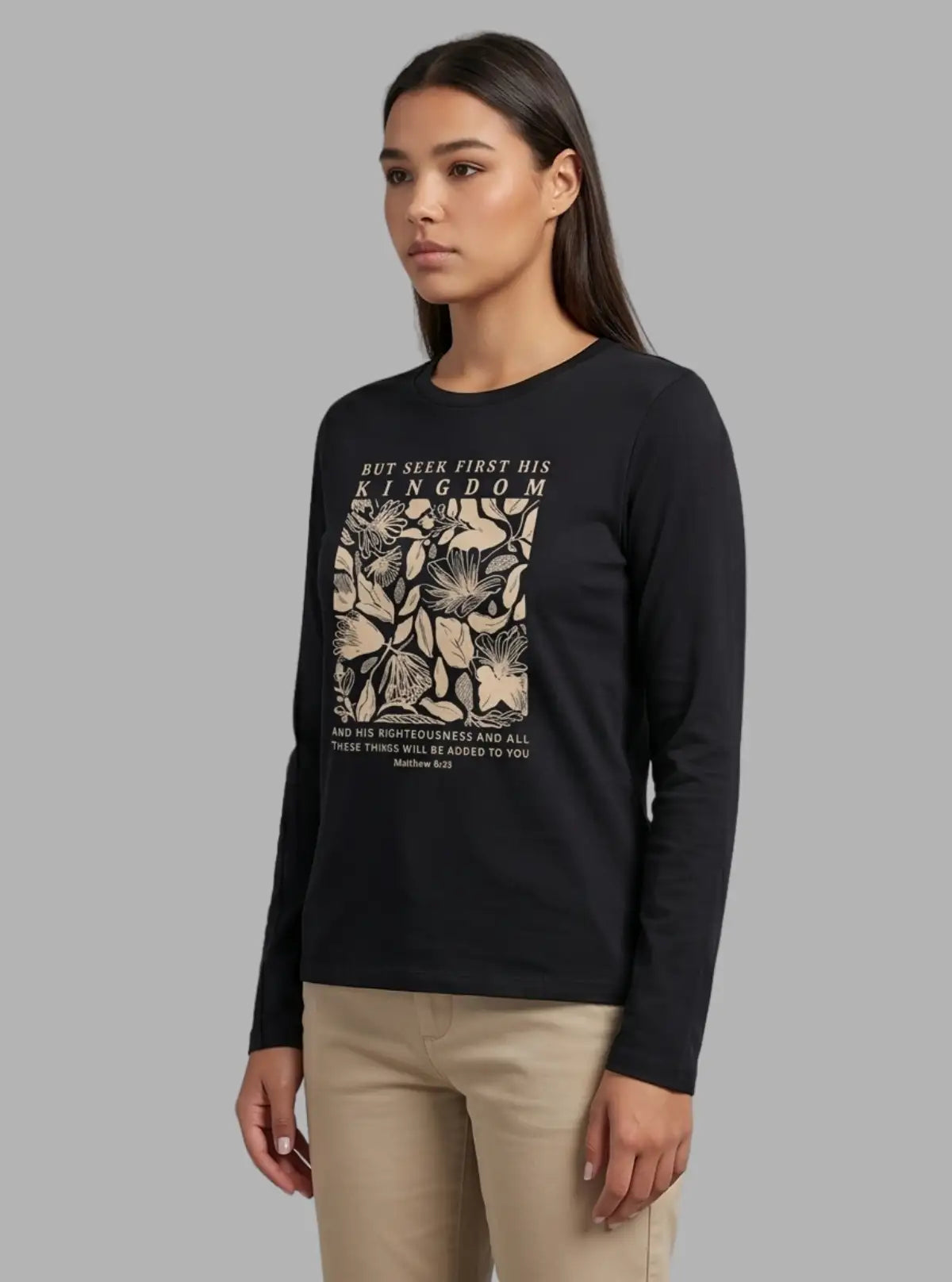 Women's Black Crew Neck Graphic Print Cotton Jersey Long Sleeve T-Shirt by Boer and Fitch