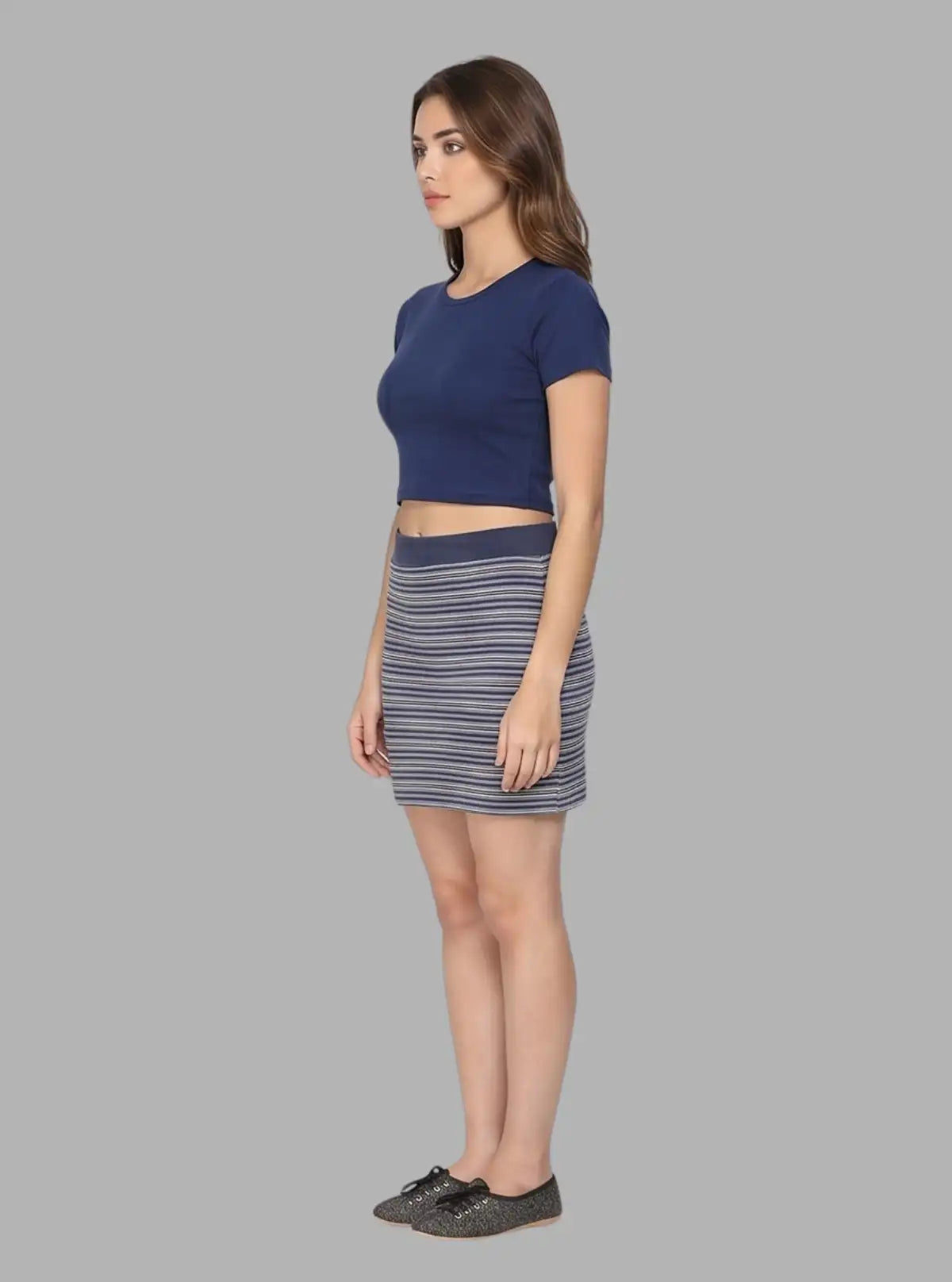 Women's Grey Striped Cotton Jersey Skirt – Casual Comfort with Chic Appeal