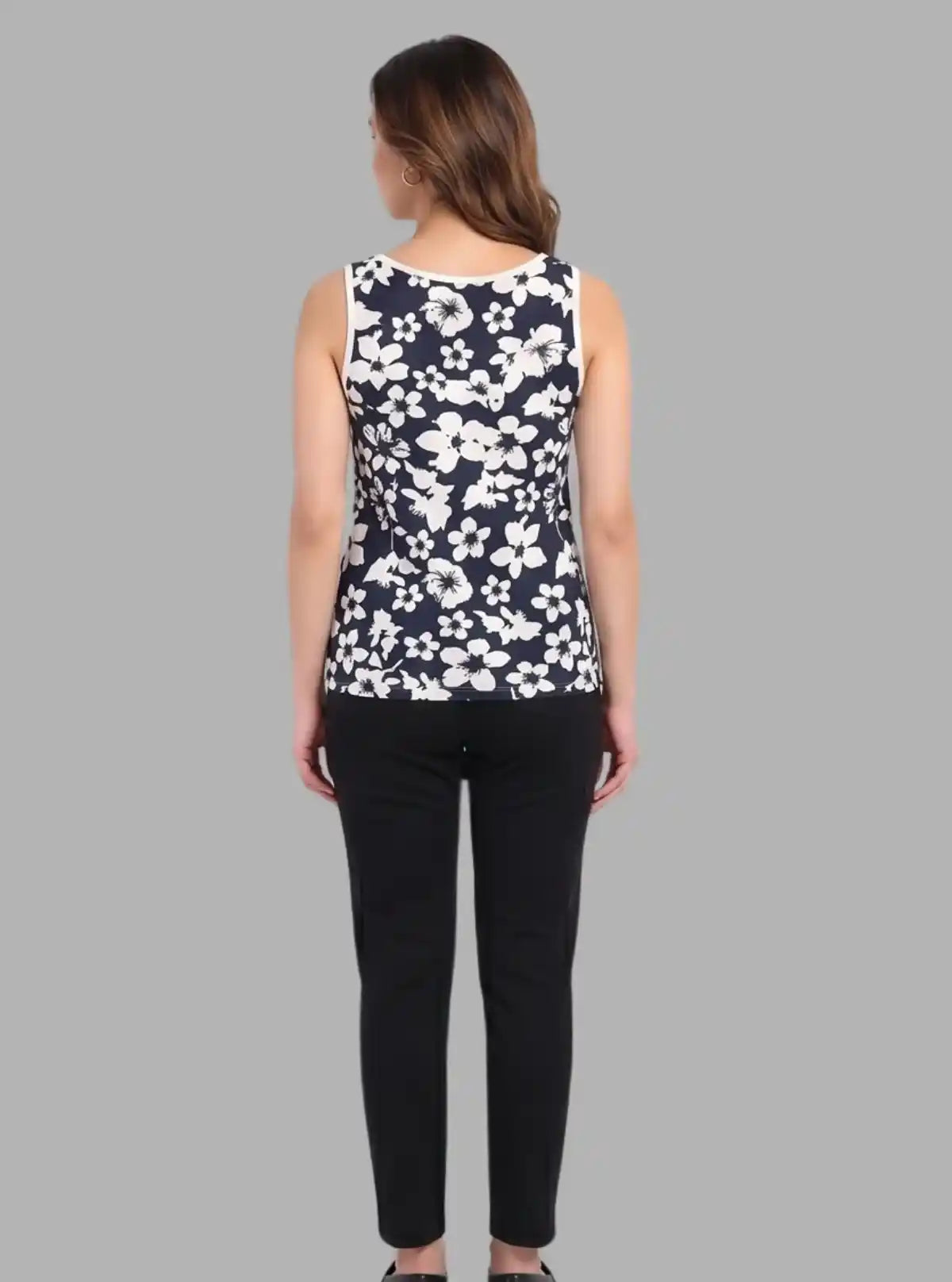 Women’s Navy Floral Sleeveless Top – Elegant Cotton Jersey by Boer and Fitch