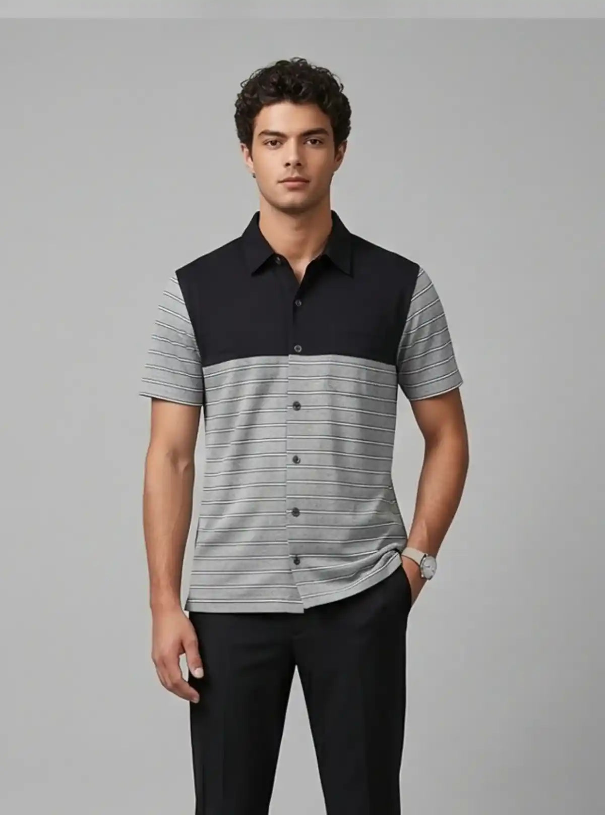 Men’s Black with Grey Striped Polo T-Shirt – Classic, Stylish & Breathable Fit