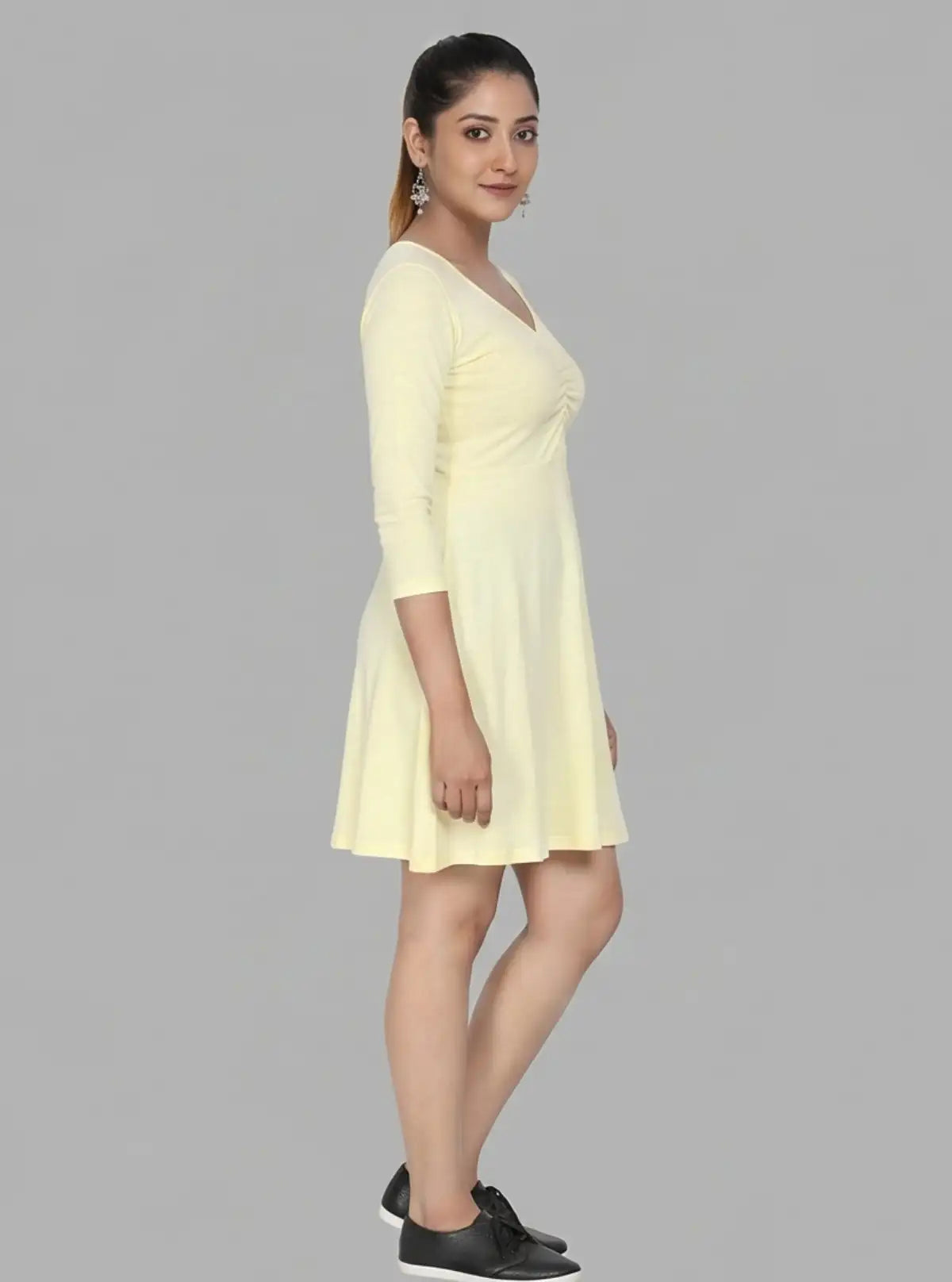Women's Pastel Yellow Solid Cotton Dress in Feather Touch Fabric