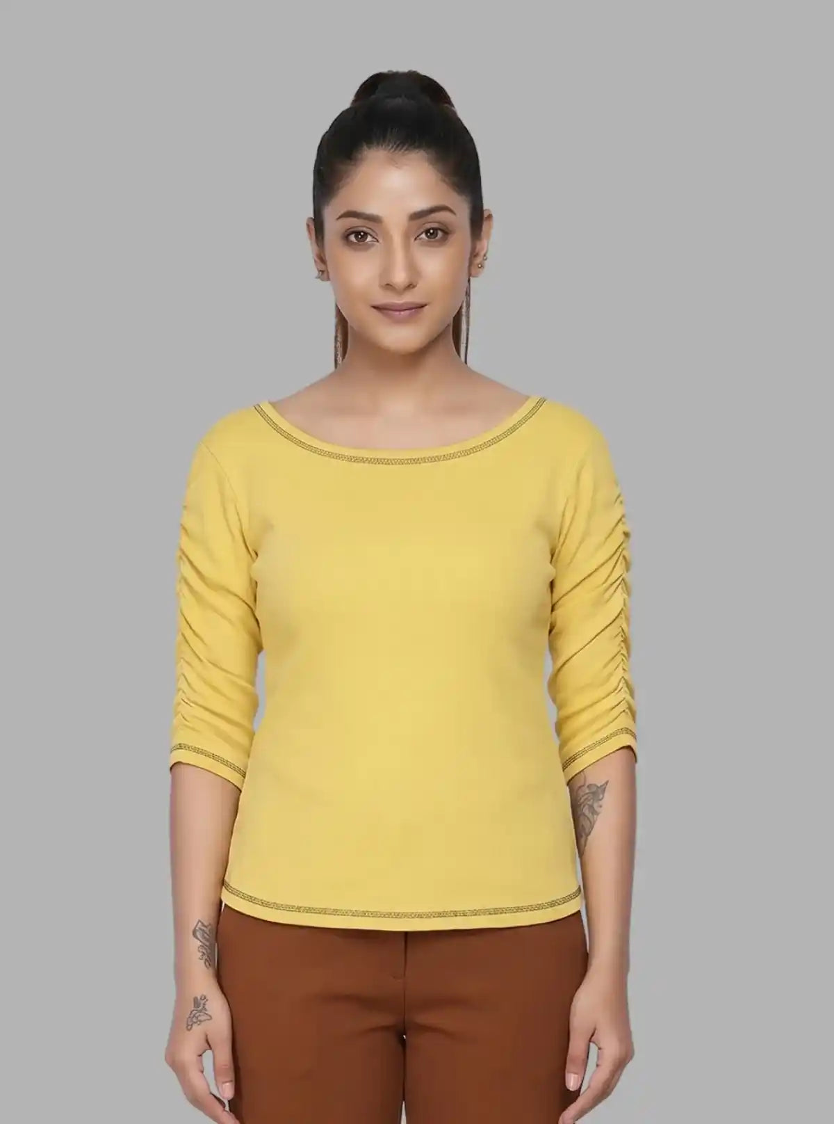 Women's Yellow Cotton Jersey Top with Pleated Sleeves | Boer & Fitch