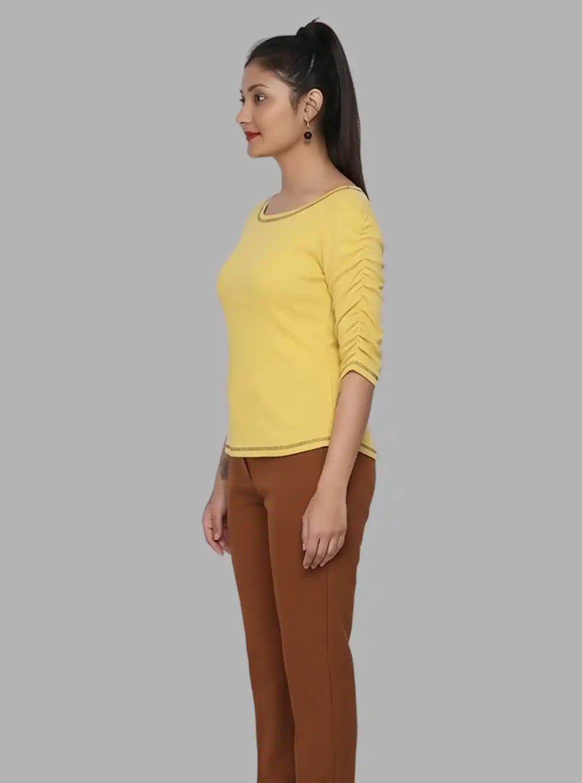 Women's Yellow Cotton Jersey Top with Pleated Sleeves | Boer & Fitch