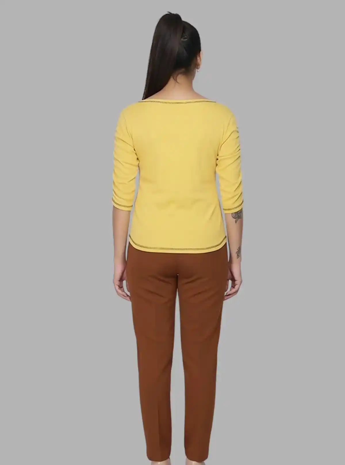 Women's Yellow Cotton Jersey Top with Pleated Sleeves | Boer & Fitch