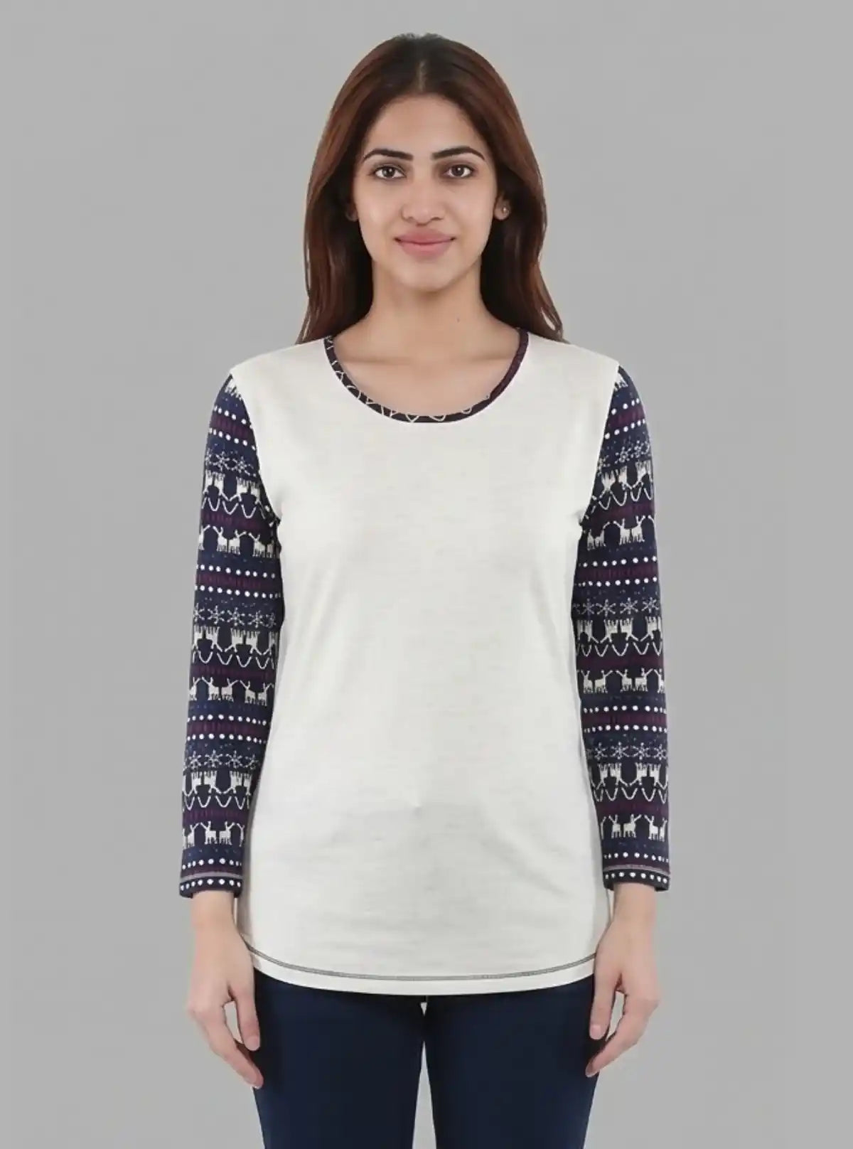 Women’s White Melange Scoop Neck Deer Print Top with Long Sleeves – Cotton Rib Knit