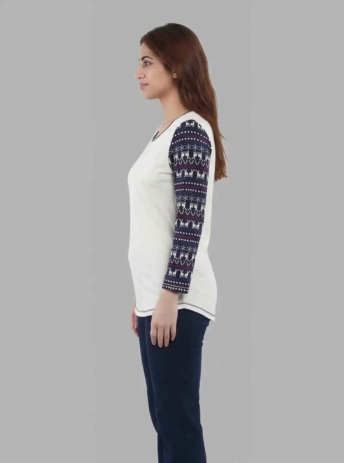 Women’s White Melange Scoop Neck Deer Print Top with Long Sleeves – Cotton Rib Knit