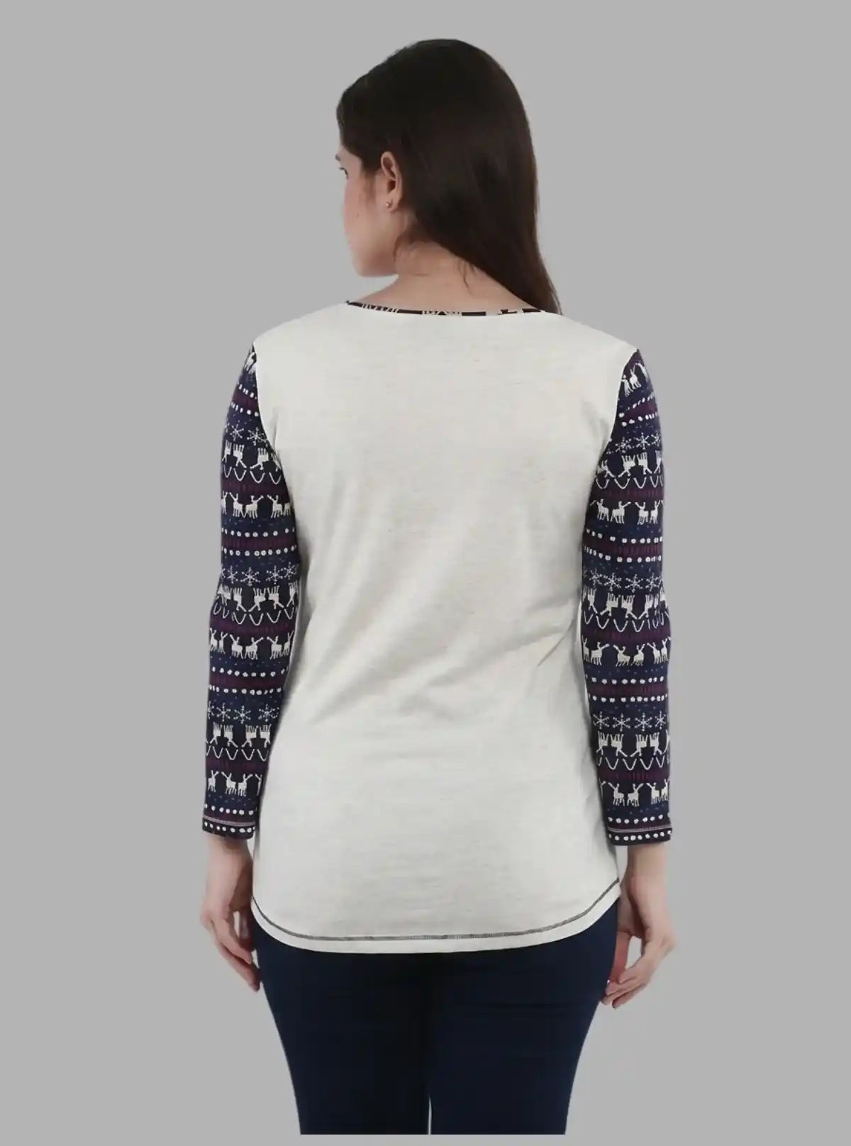 Women’s White Melange Scoop Neck Deer Print Top with Long Sleeves – Cotton Rib Knit