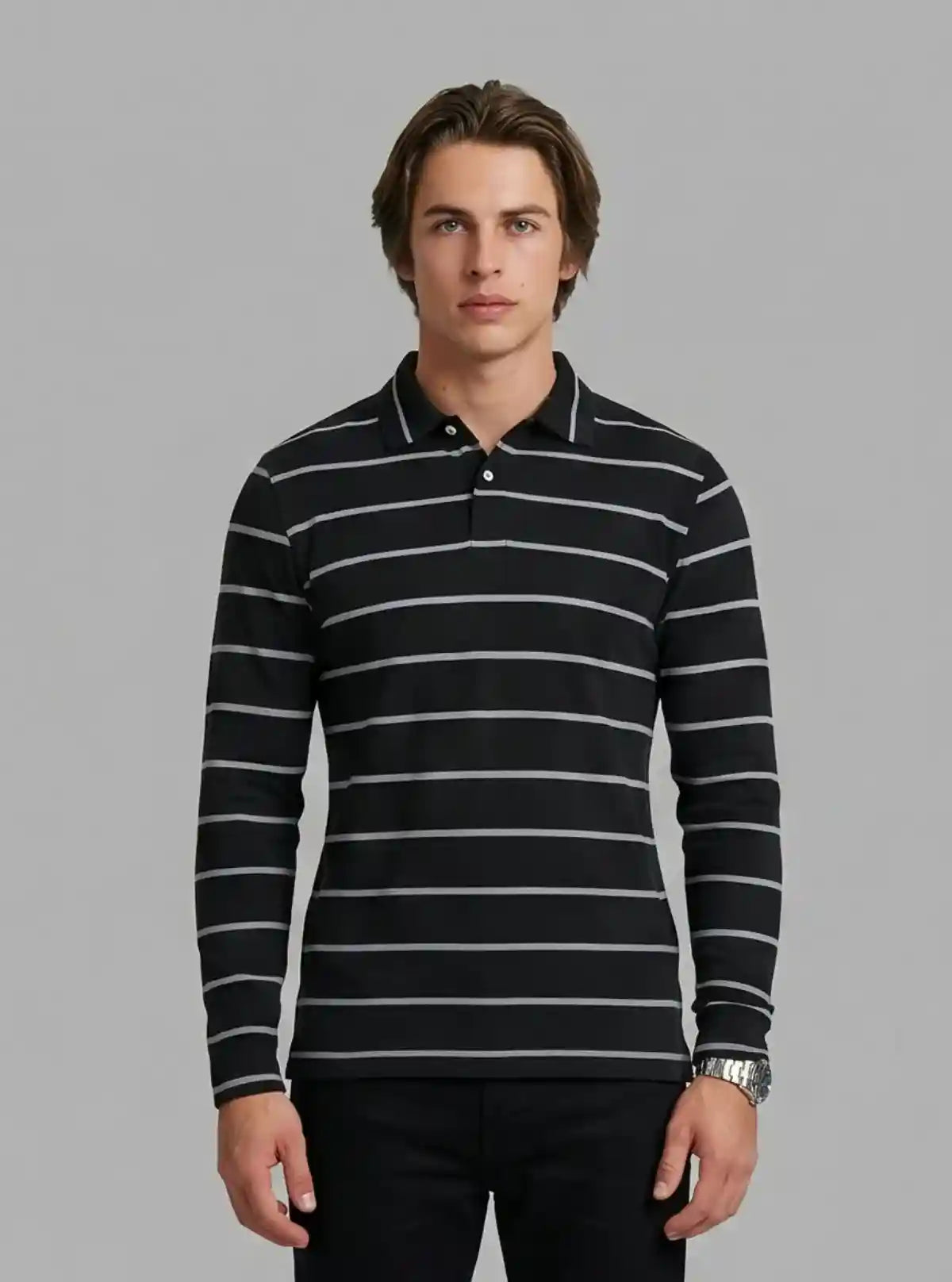 Men’s Black Striped Full Sleeve Polo T-Shirt – Sleek & Refined Style