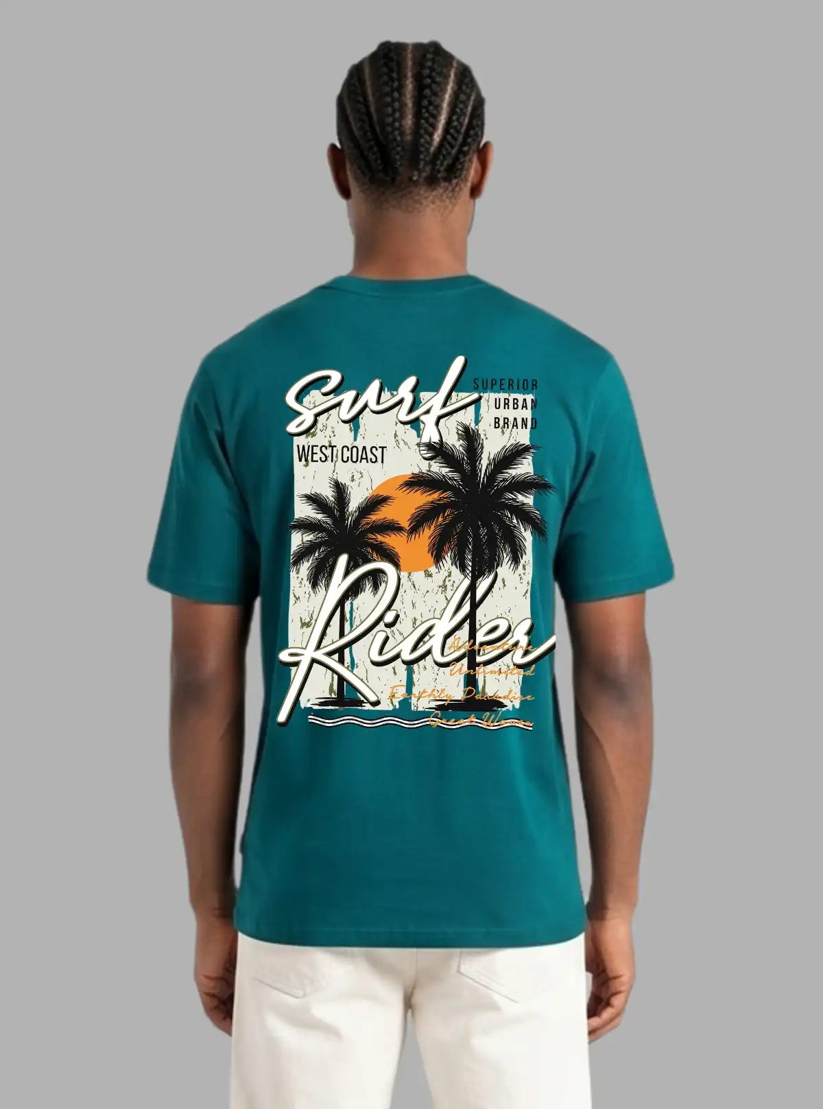 Boer and Fitch Surf Rider Printed Teal Blue Crew Neck Cotton T-Shirt for Men