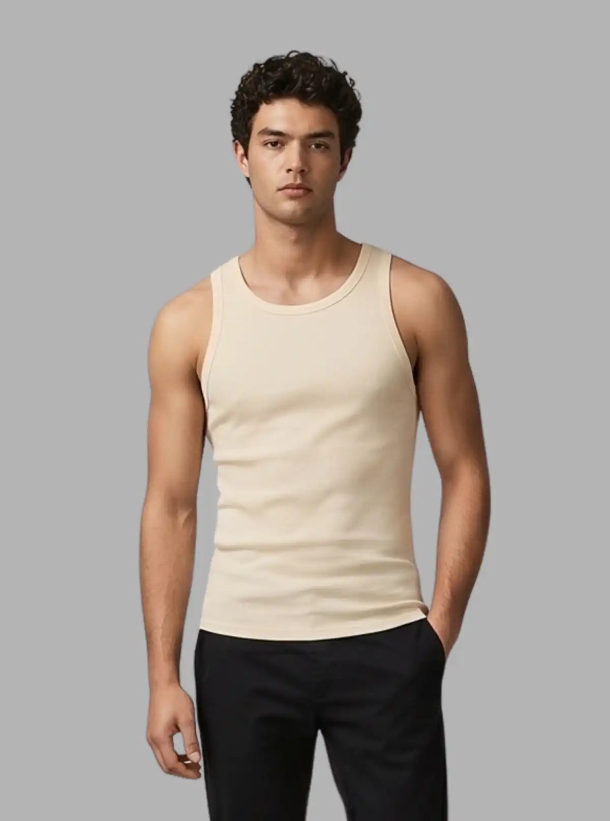 Beige Ribbed Vest for Men – Casual Cotton Sleeveless Vest by Boer and Fitch