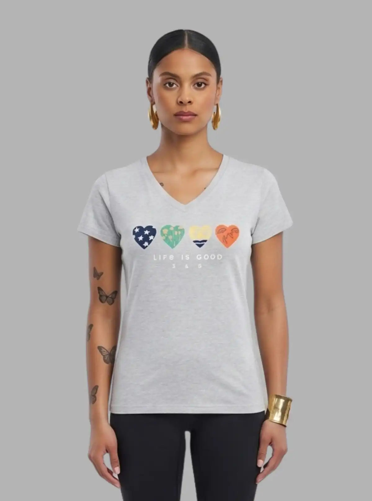 Women’s White Melange V-Neck Multi-Heart Printed Short Sleeve Cotton Jersey T-Shirt by Boer and Fitch