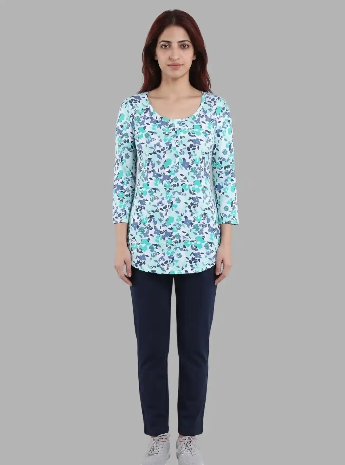 Sky Blue Leaf Print Button Top – Boer & Fitch